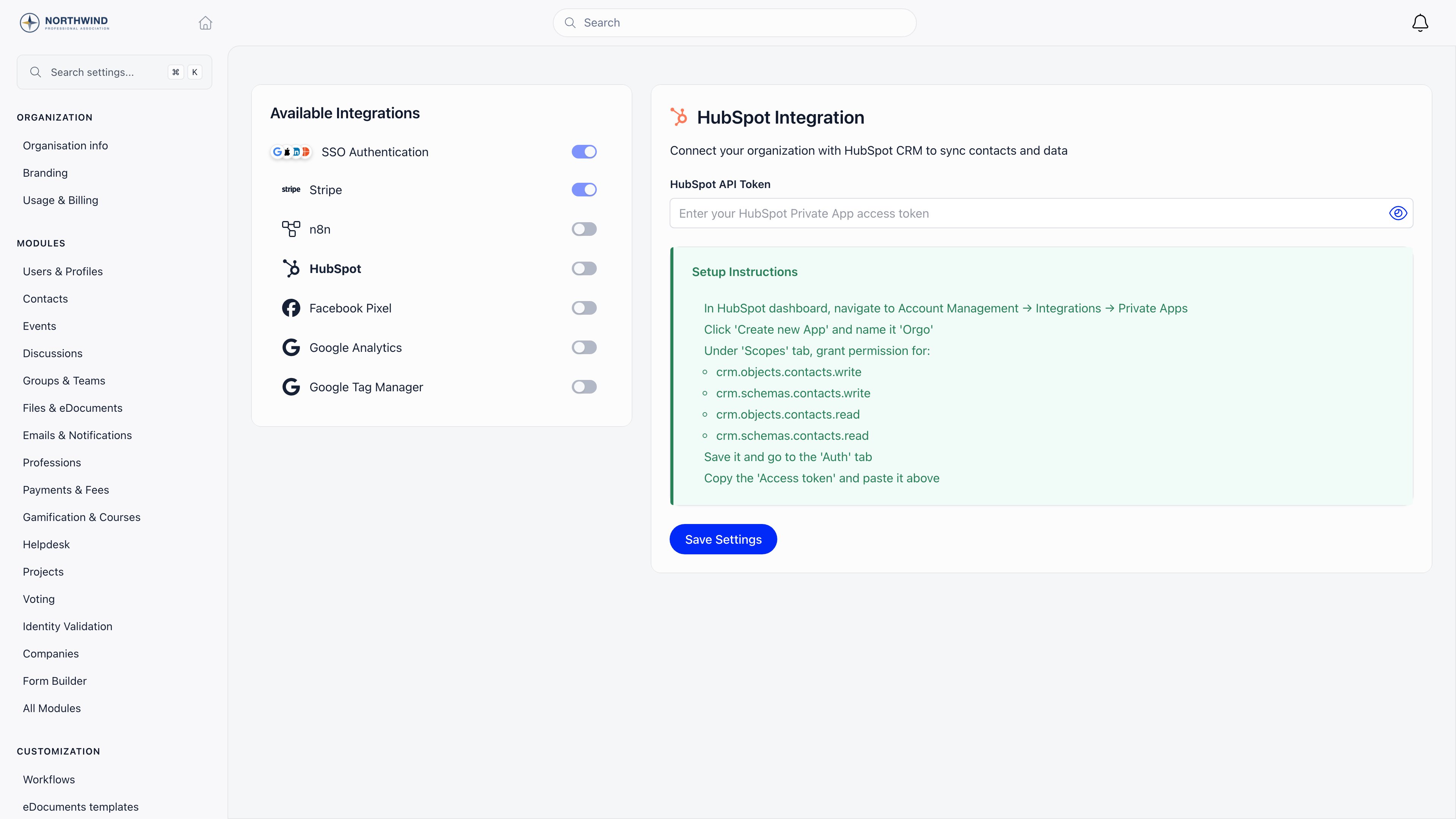 Third-party Integrations page with the available integrations list on the left and the HubSpot configuration panel on the right