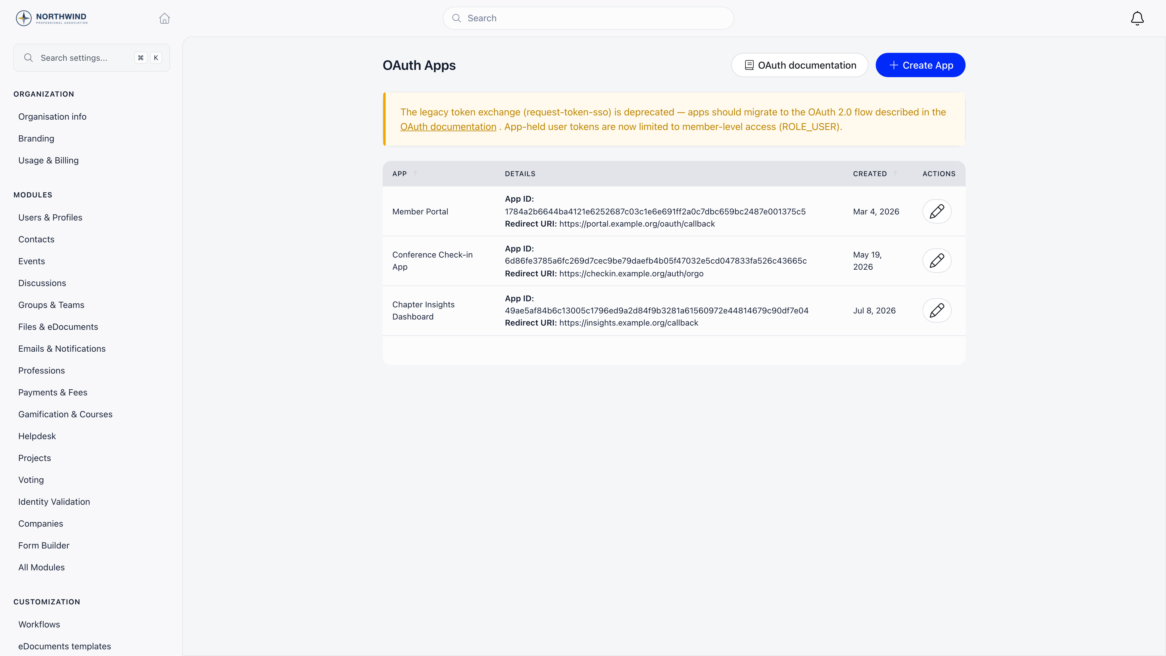 OAuth Apps page listing registered applications with their App ID and redirect URI, with Create App and OAuth documentation buttons