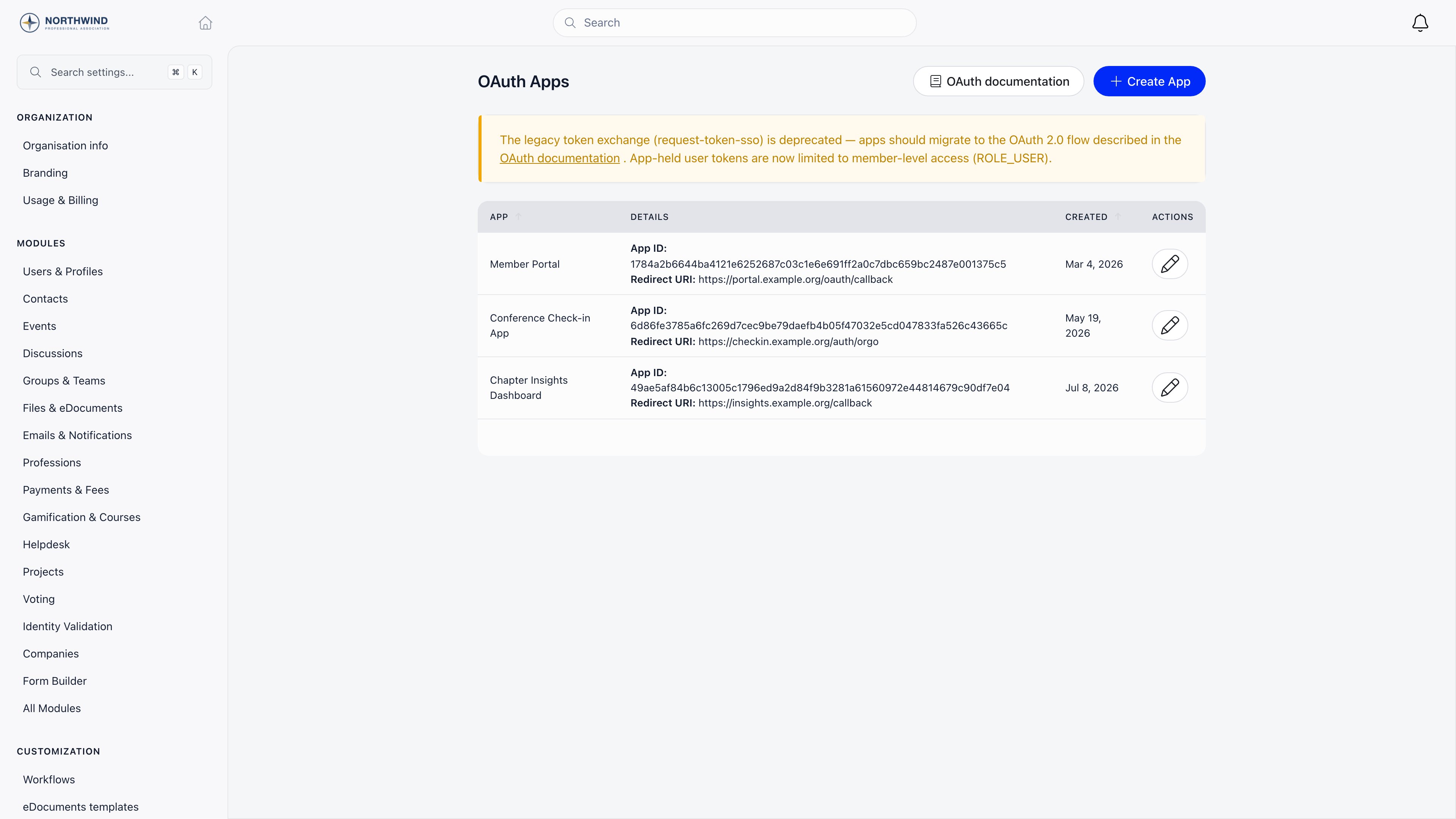 OAuth Apps page listing registered applications with their App ID and redirect URI, with Create App and OAuth documentation buttons