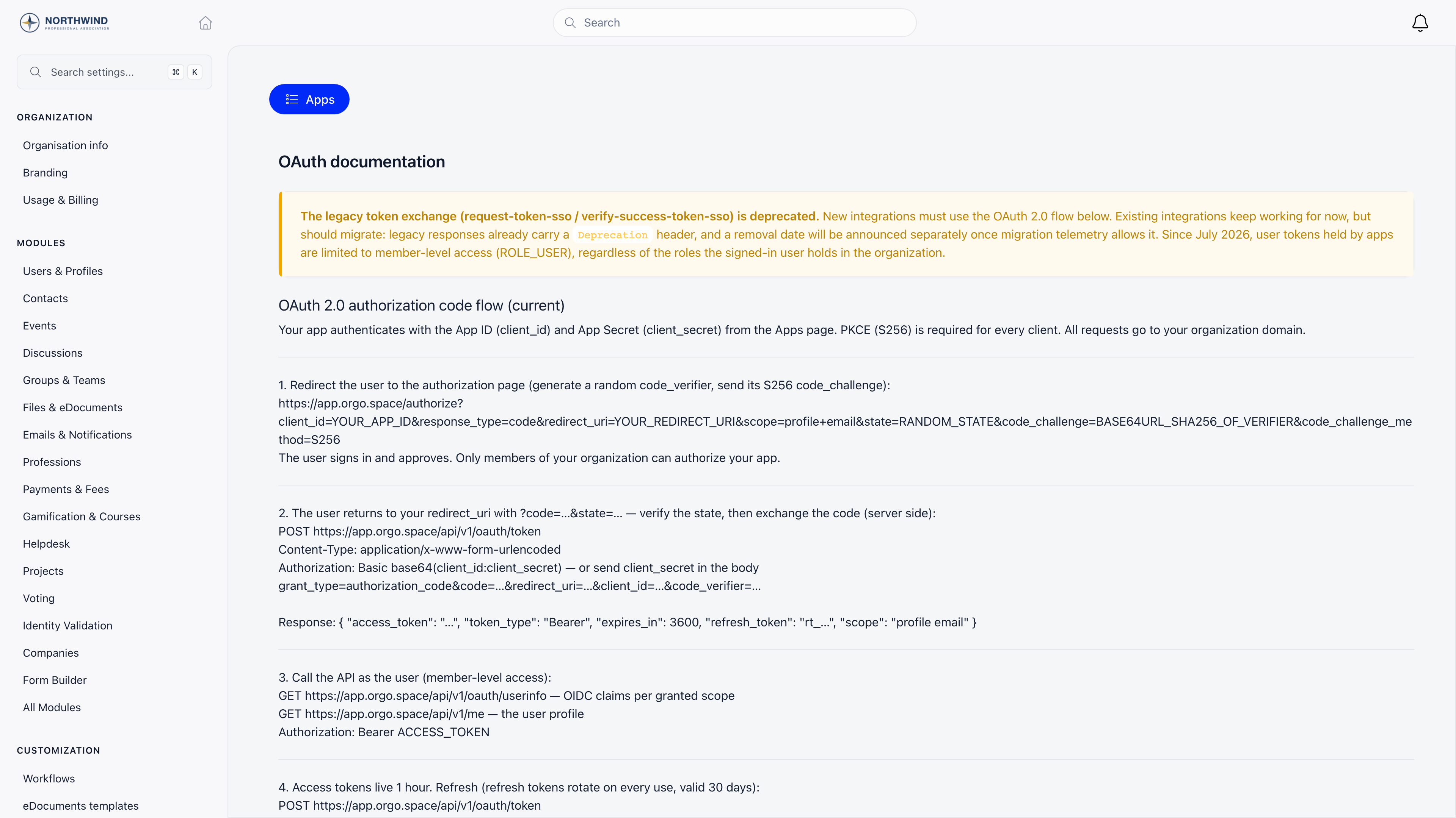 In-app OAuth documentation page showing the authorization code flow with the organization's own domain in the example URLs