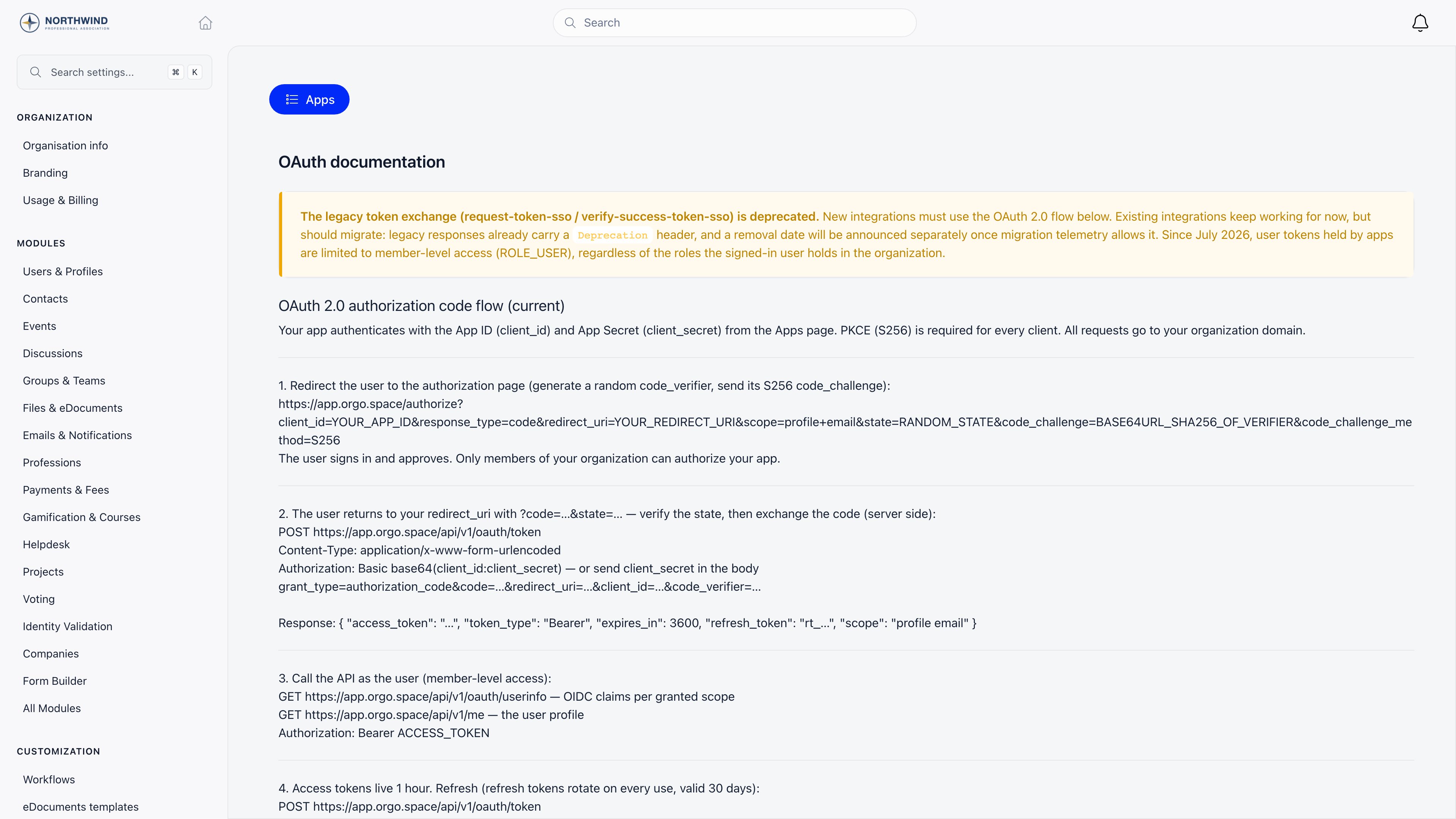 In-app OAuth documentation page showing the authorization code flow with the organization's own domain in the example URLs