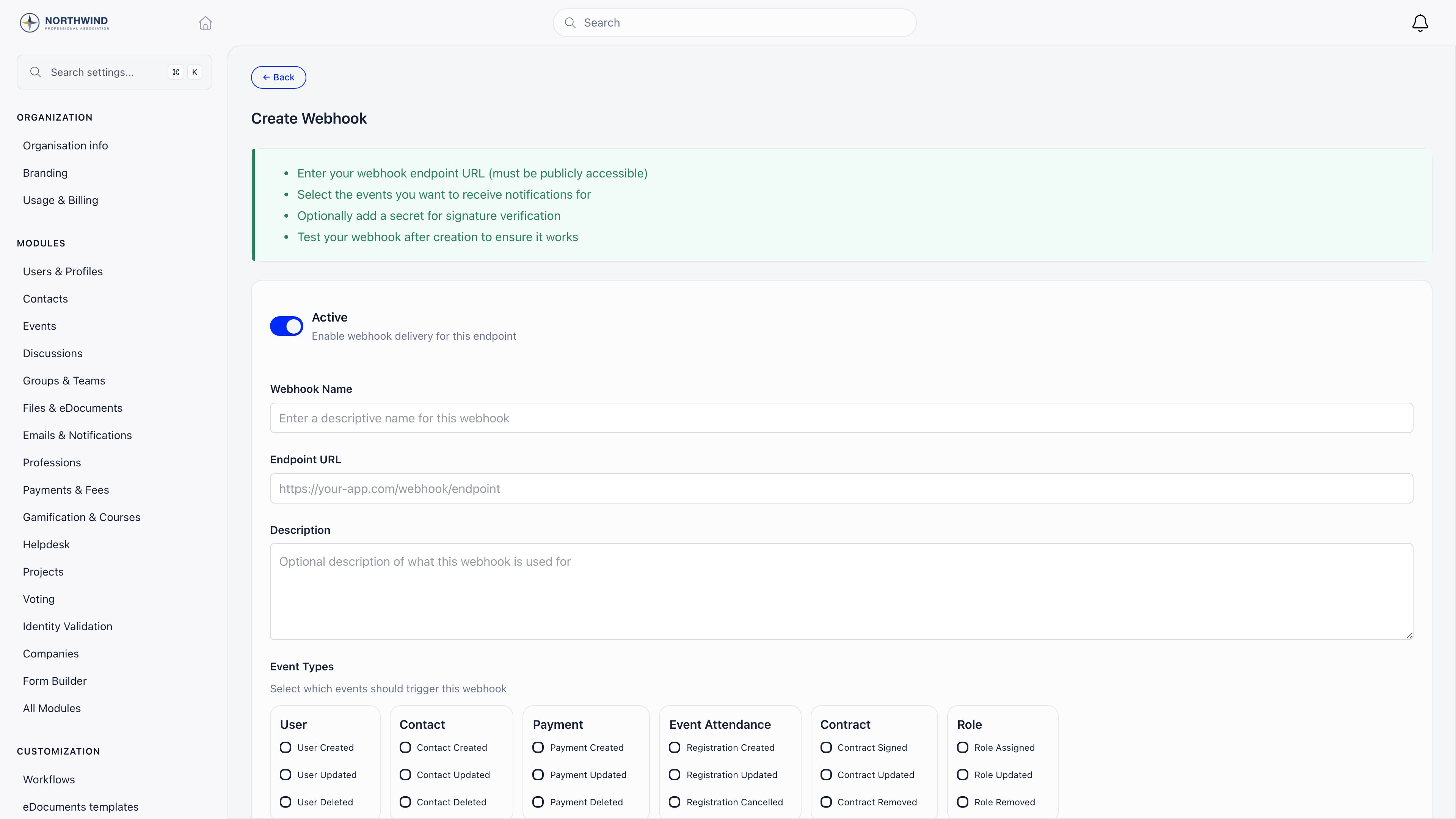 Create Webhook form with the Active switch, name, endpoint URL, description and the six event type groups