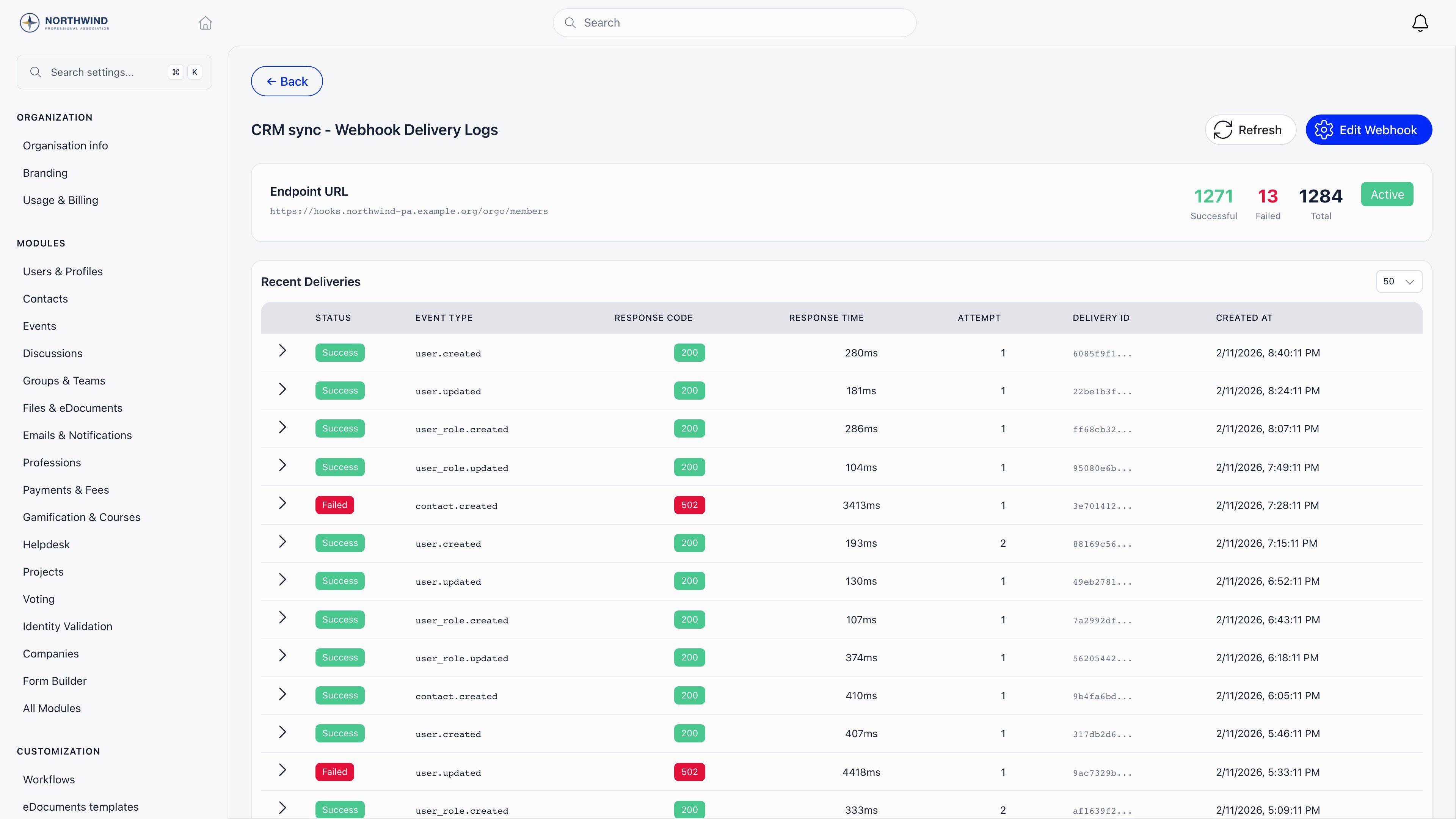 Webhook delivery log table showing status, event type, response code, response time, attempt number, delivery ID and timestamp for recent attempts