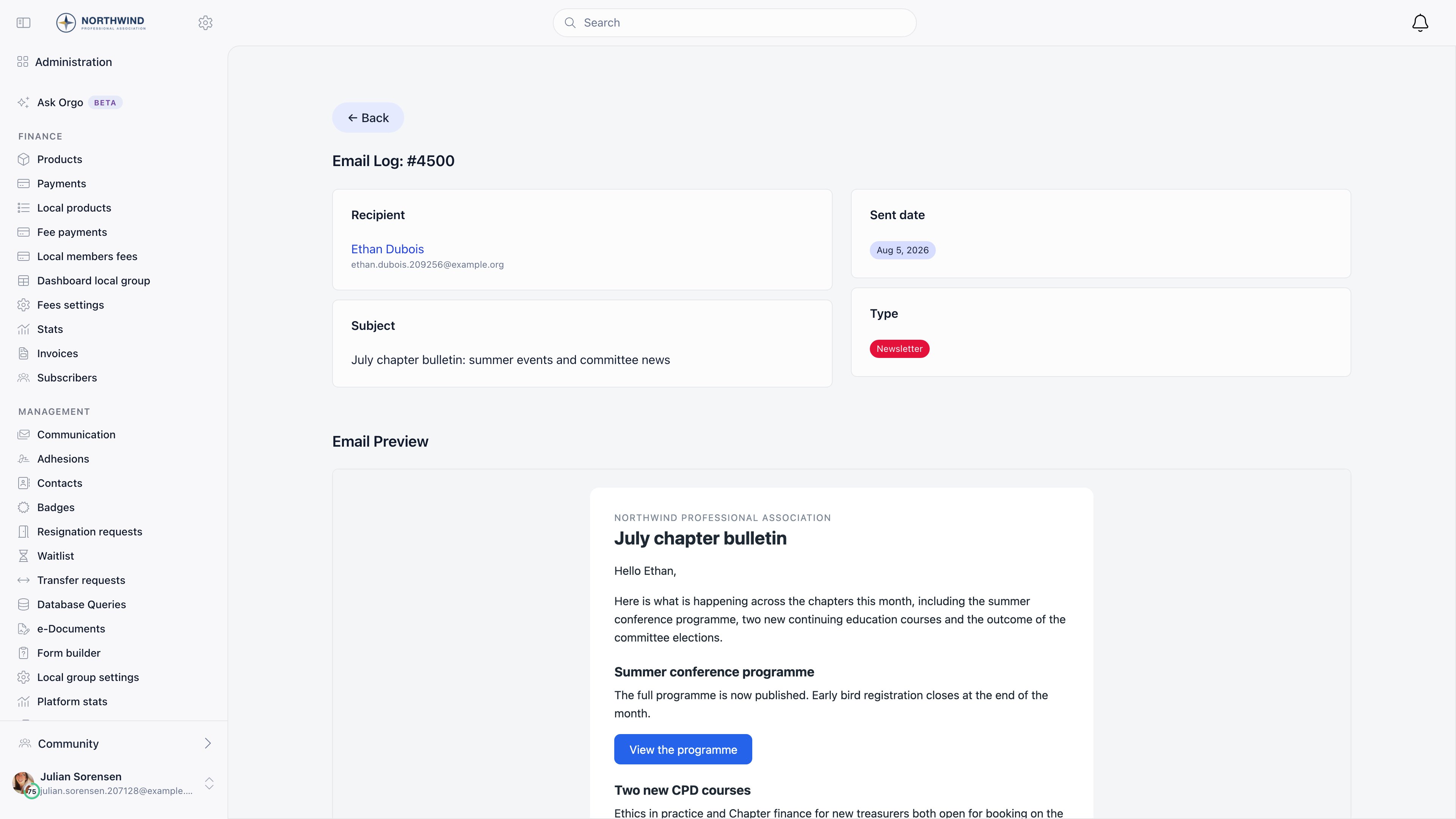Email log entry showing recipient, subject, sent date and type cards above a rendered preview of the email body