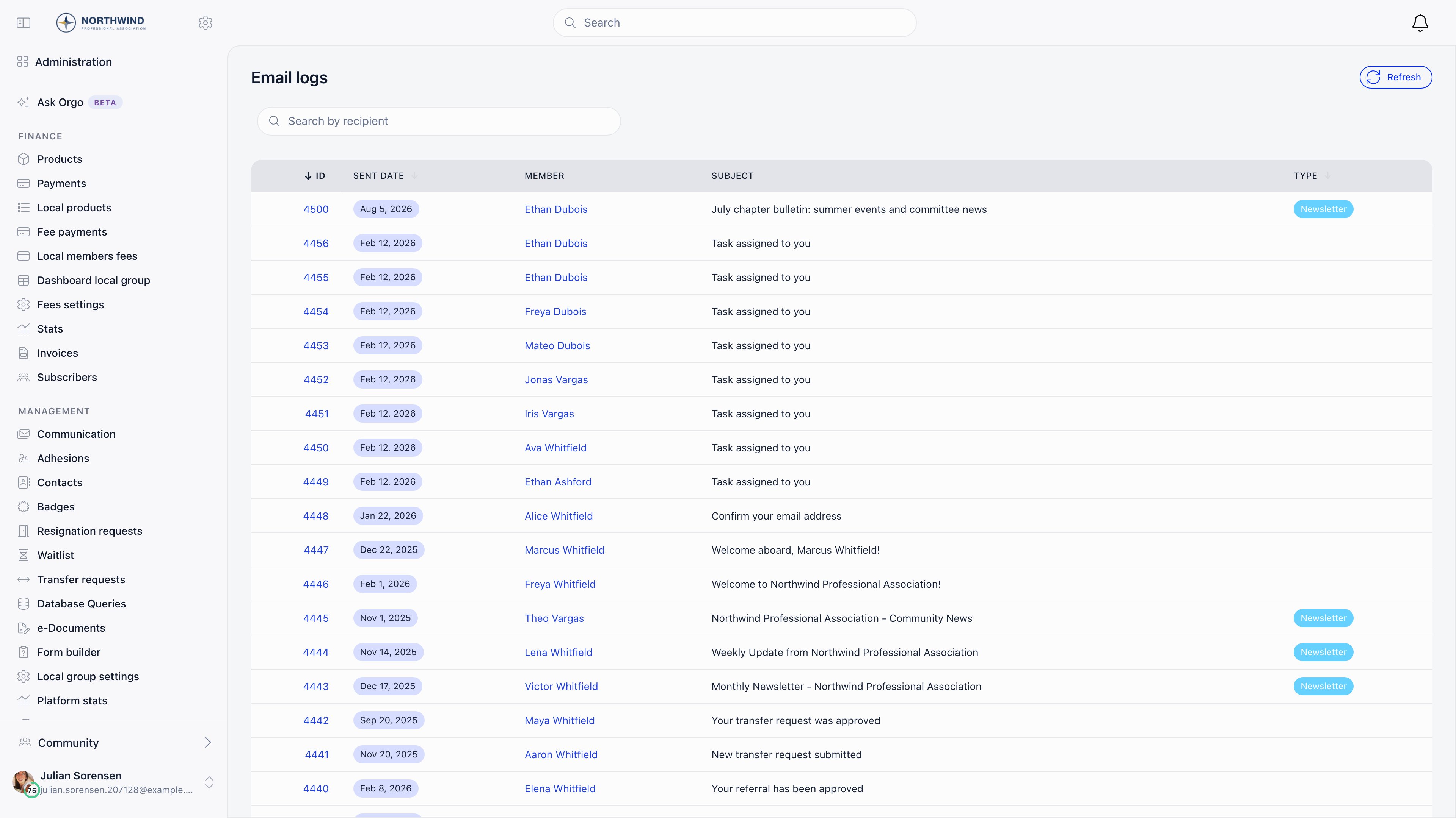 Email logs list with a recipient search box and a table of ID, sent date, member, subject and type