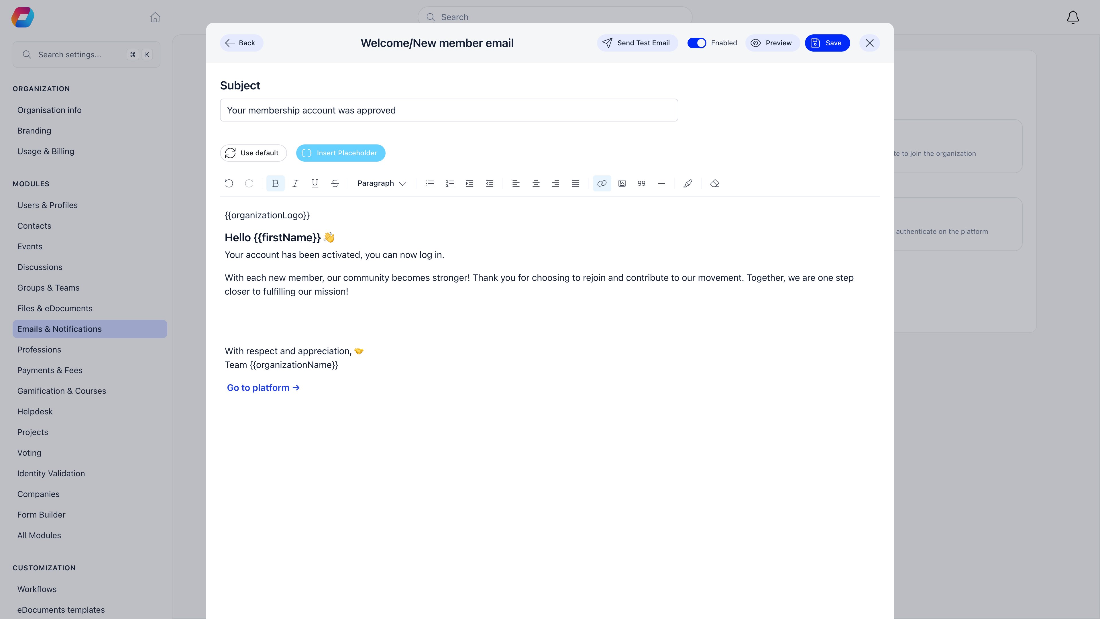 Template editor over the templates grid, with the subject field, the Use default and Insert Placeholder buttons, the rich text body, and Send Test Email, Enabled, Preview and Save in the header