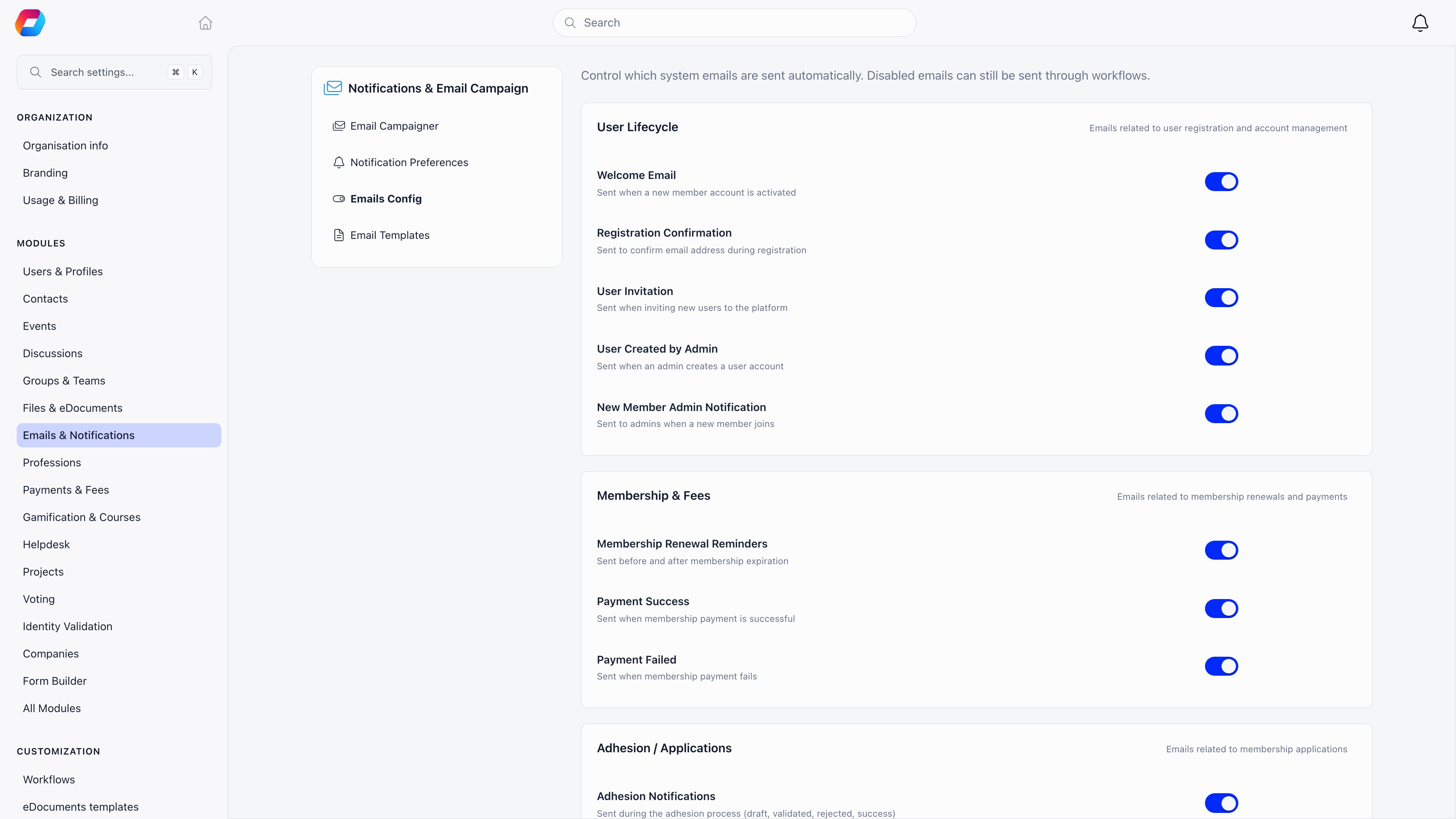 Emails Config screen with the module menu on the left and grouped switches for User Lifecycle, Membership and Fees, and the start of Adhesion or Applications, with the remaining categories below the fold