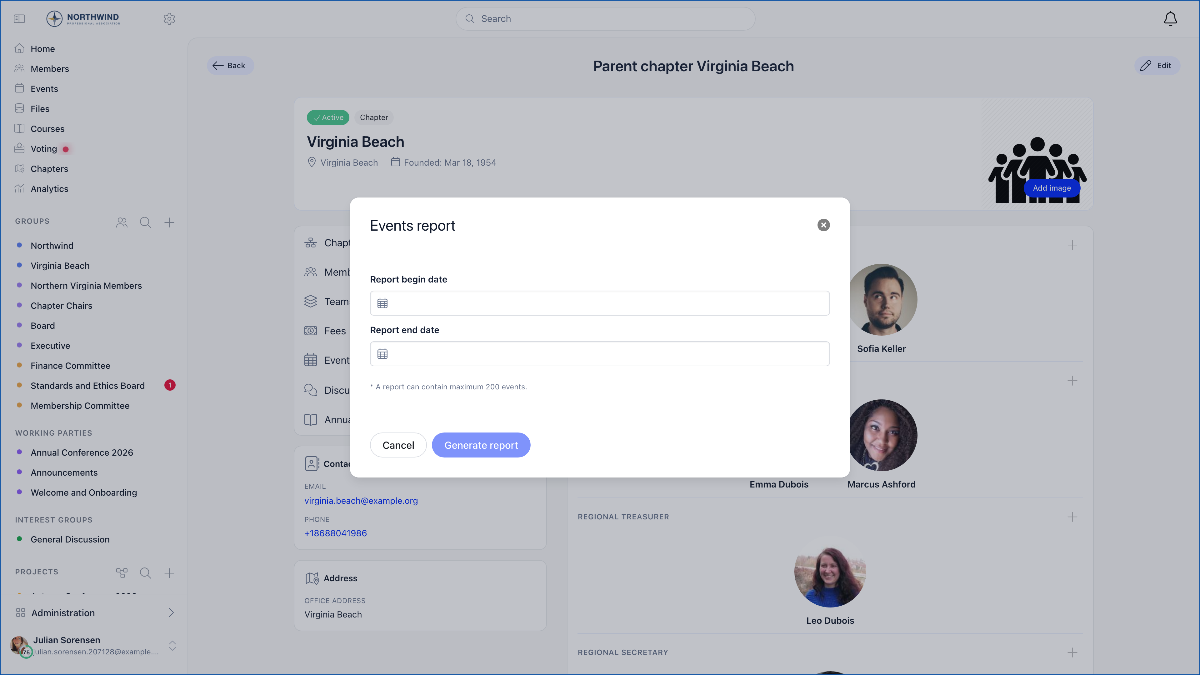 Annual report modal with report begin date and end date pickers and the note that a report can contain maximum 200 events