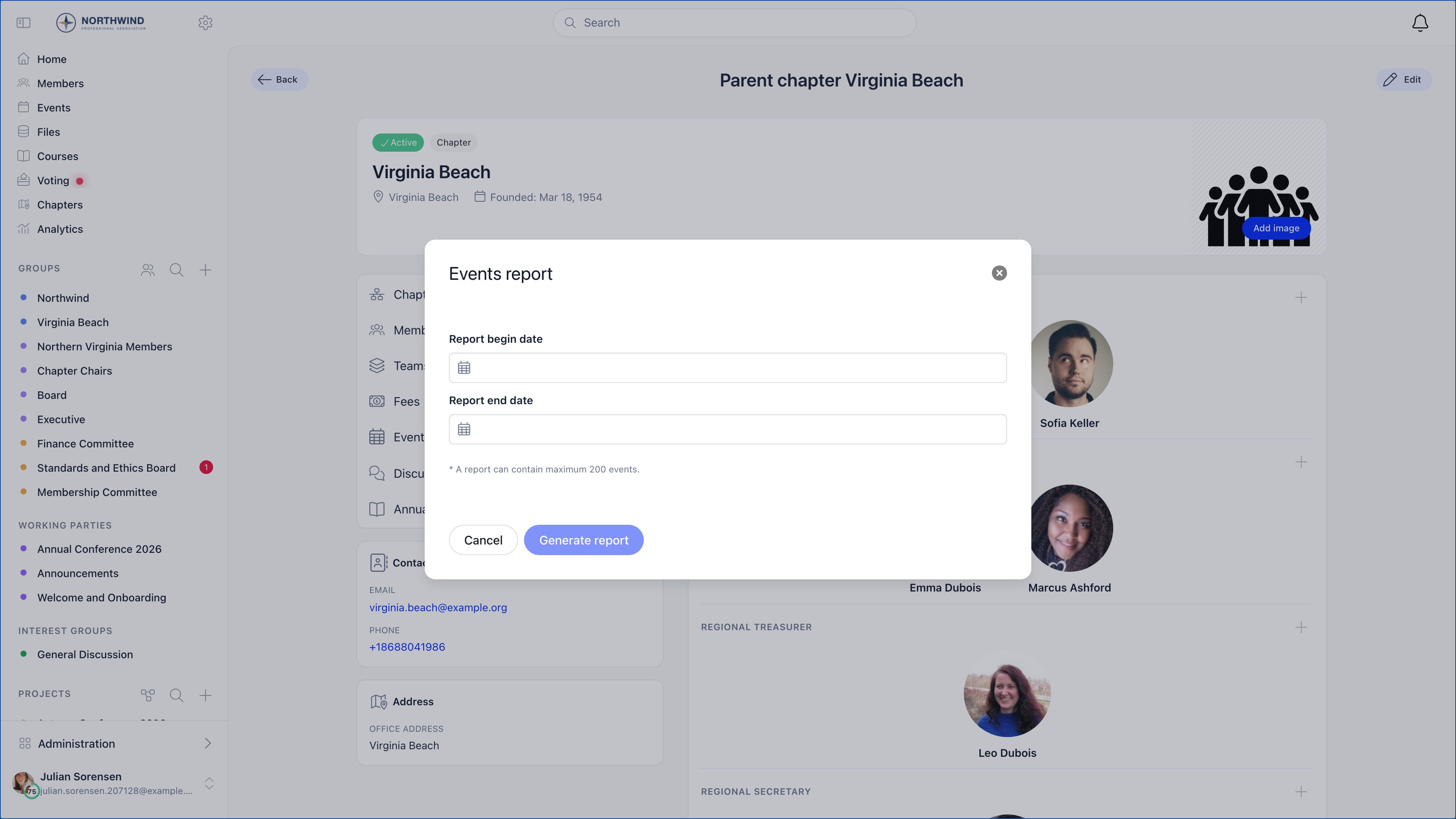 Annual report modal with report begin date and end date pickers and the note that a report can contain maximum 200 events