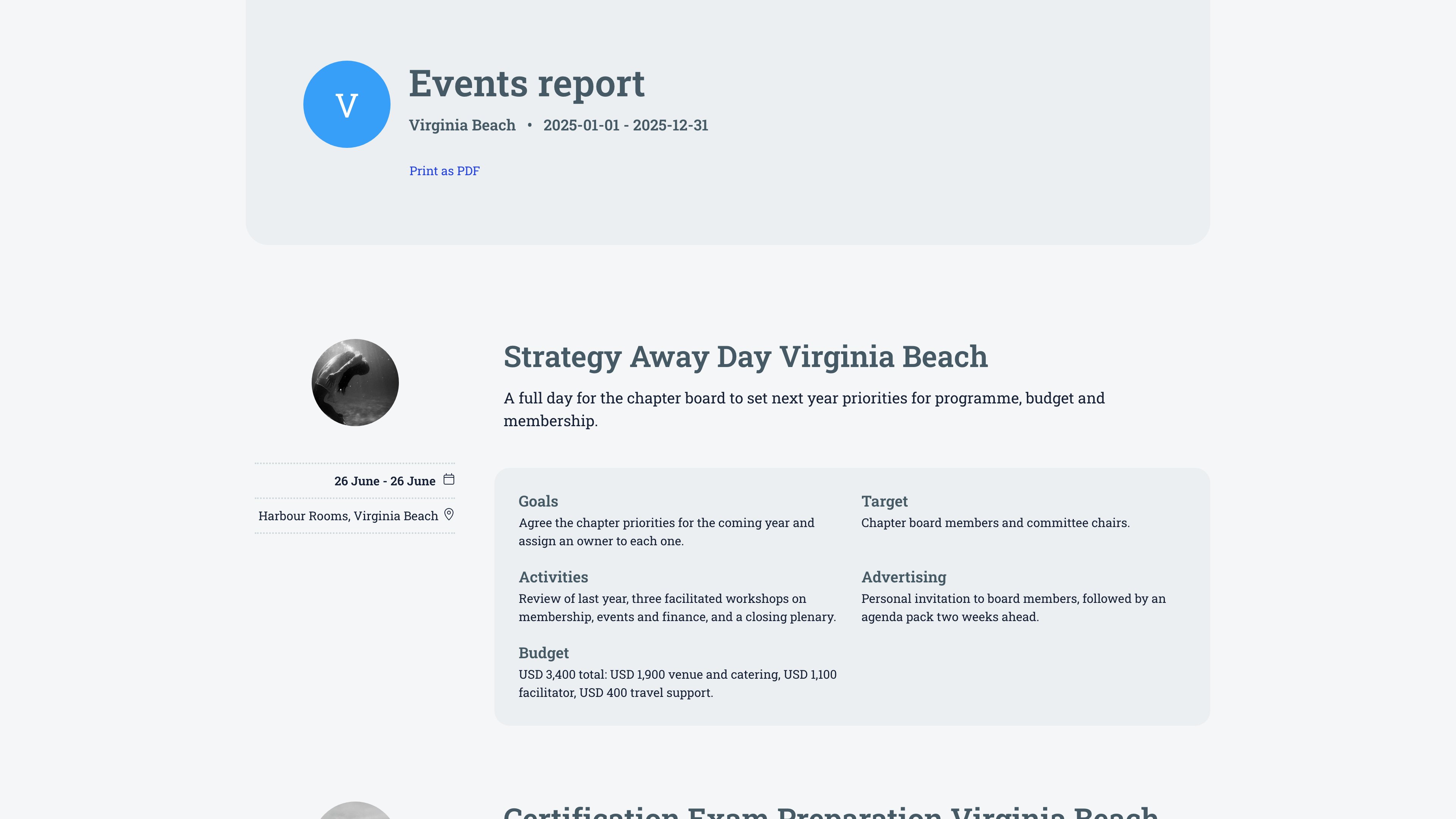 Generated annual report showing the local centre header and the first event entry with its dates, place, description and report fields