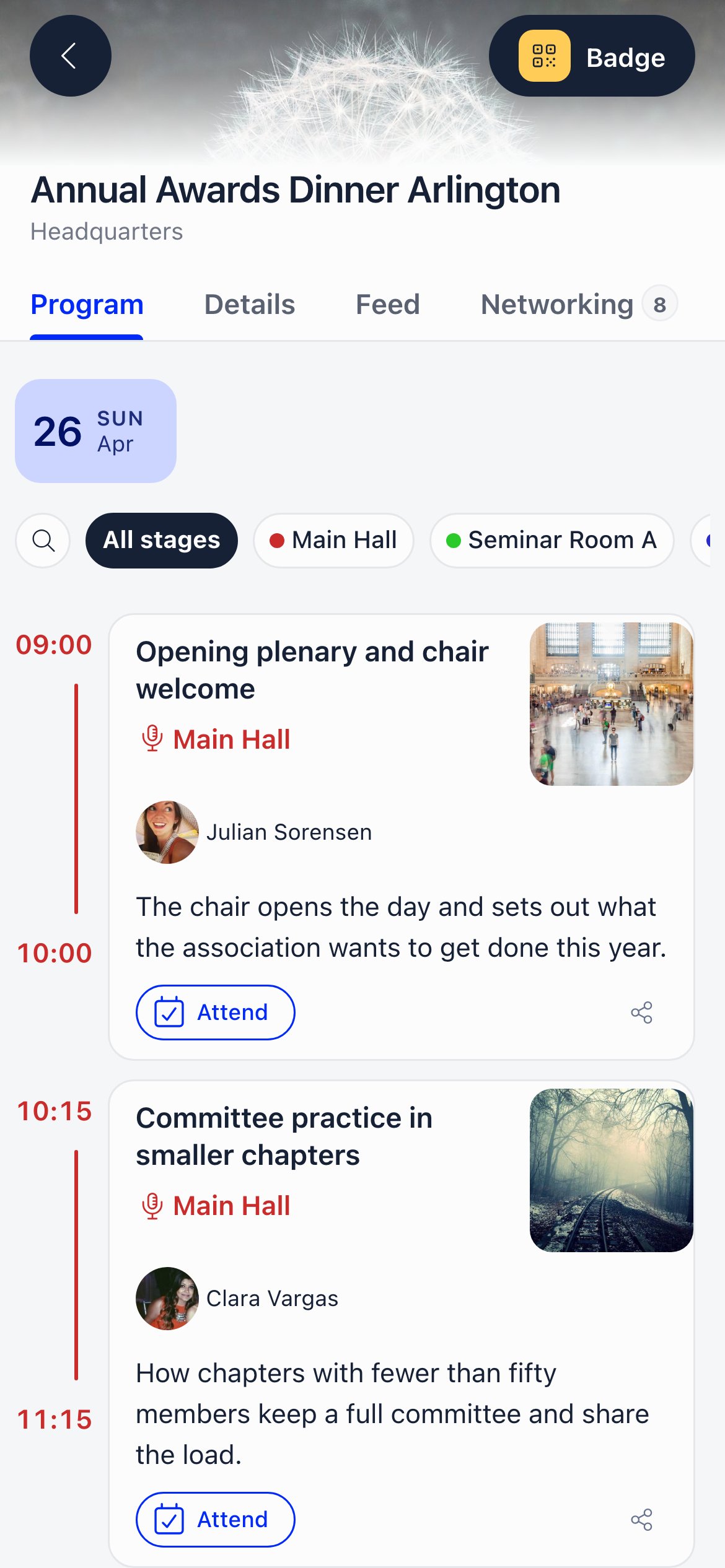 Program tab on a phone with a day chip, stage filter chips, and sessions showing times, stage, speaker and an Attend button