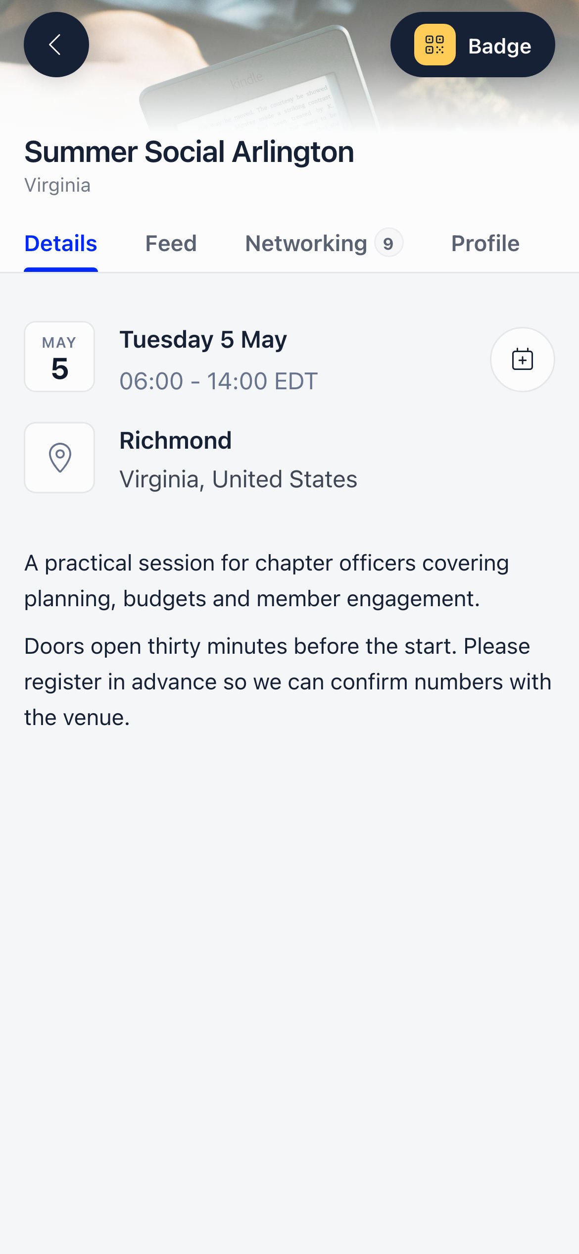 Event App on a phone showing the event cover, title, tab strip and the Details tab with date, location and description