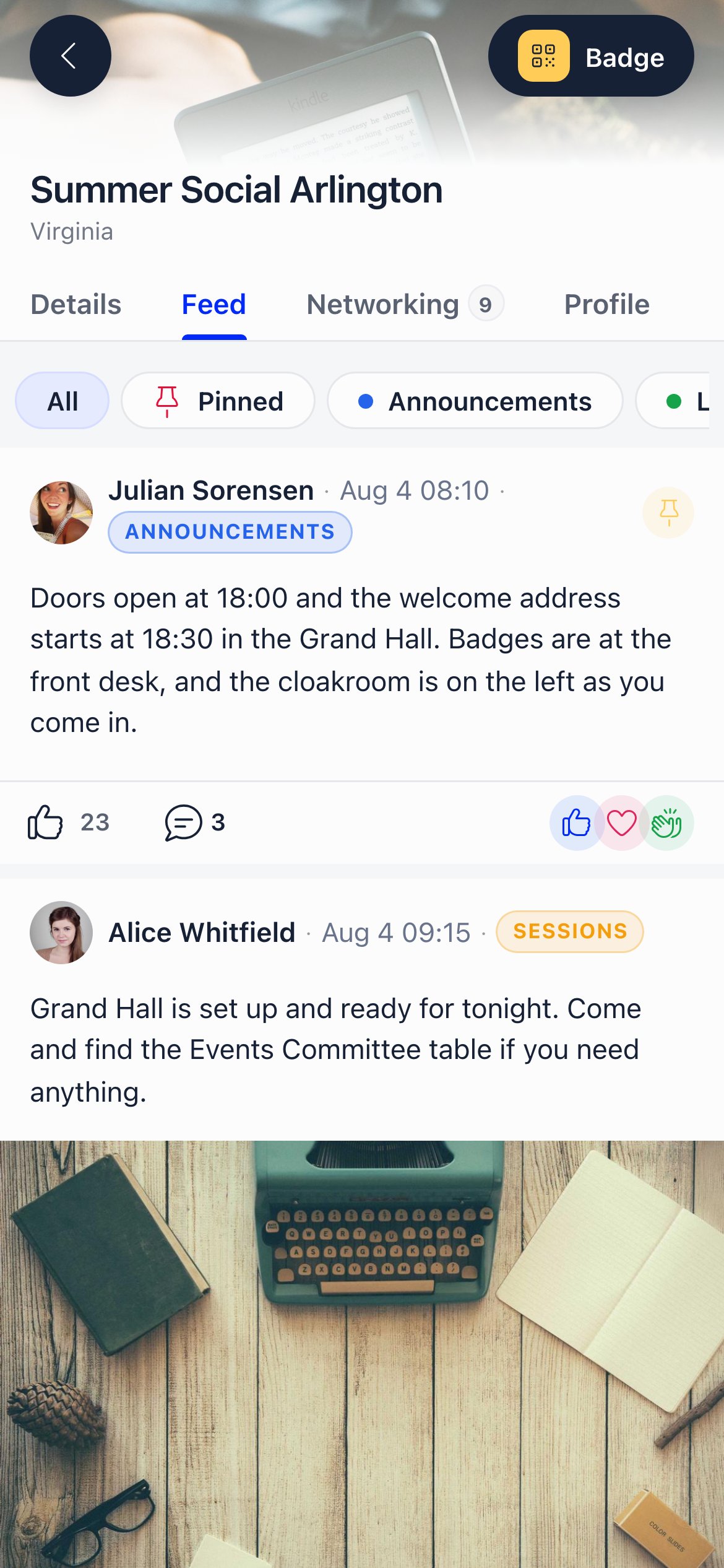 Feed tab on a phone showing category chips, a pinned announcement, an image post with reactions and a reply count