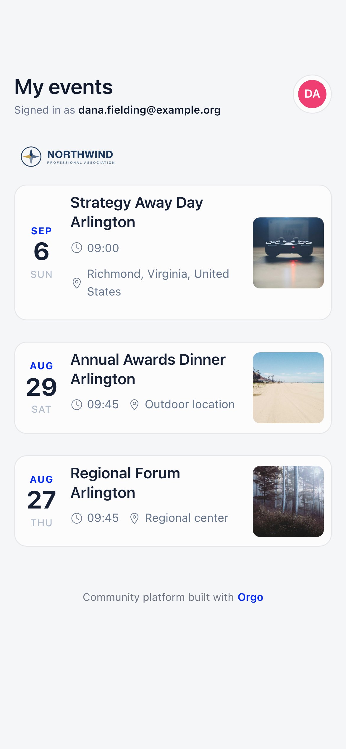 My events screen on a phone listing event cards grouped under an organisation logo, with a Signed in as line and an avatar button that opens the profile