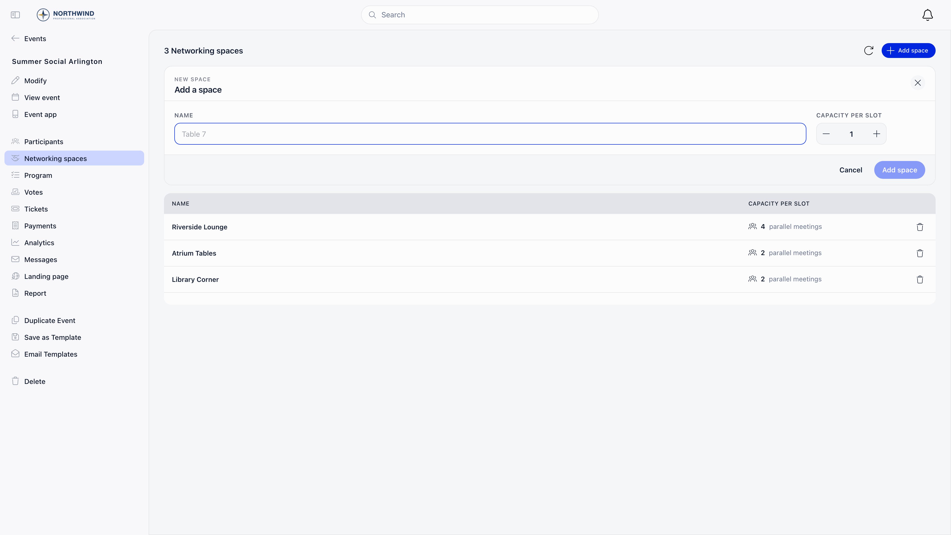Networking spaces admin screen listing spaces with name and capacity per slot, and the Add space form open