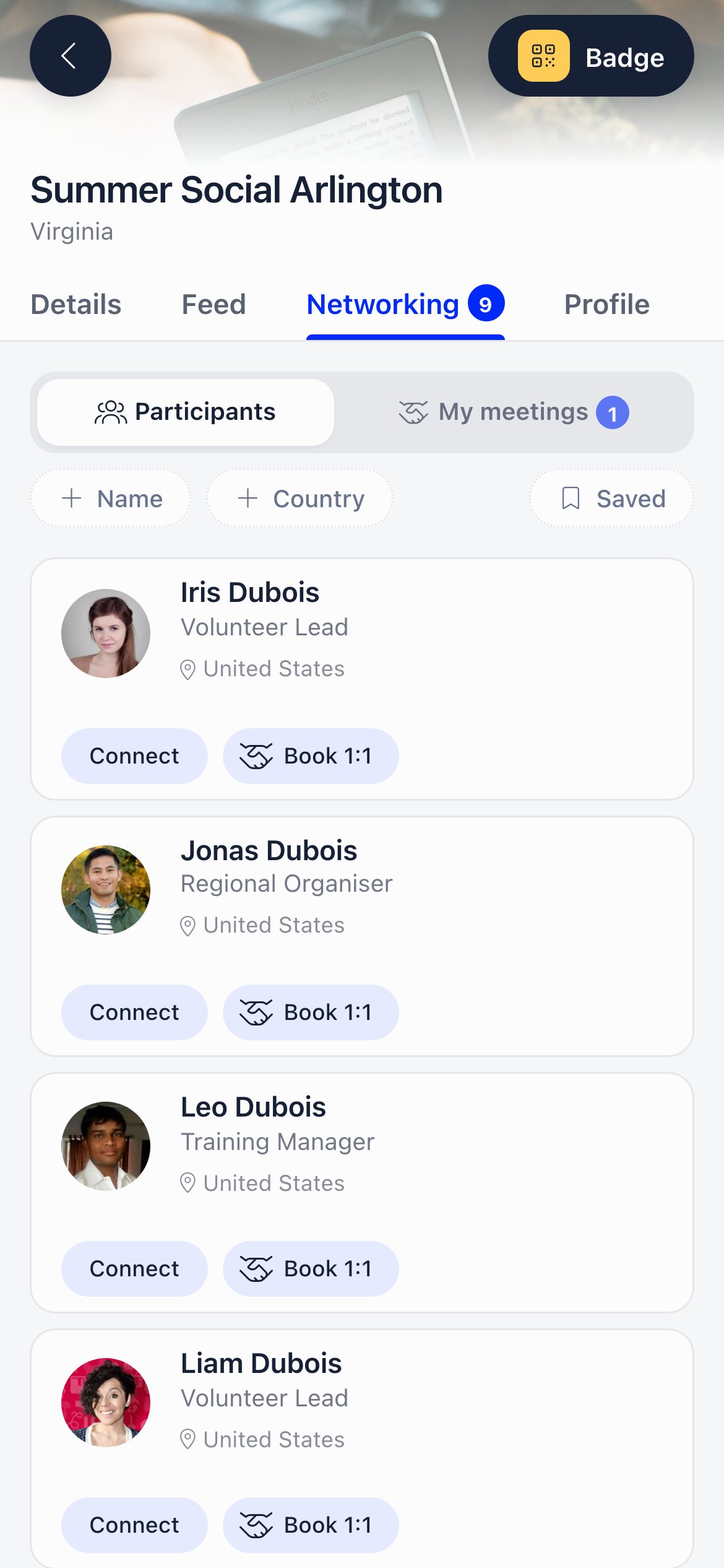 Networking tab on a phone showing attendee cards with headline, Connect and Book 1:1 buttons, and search and country filters