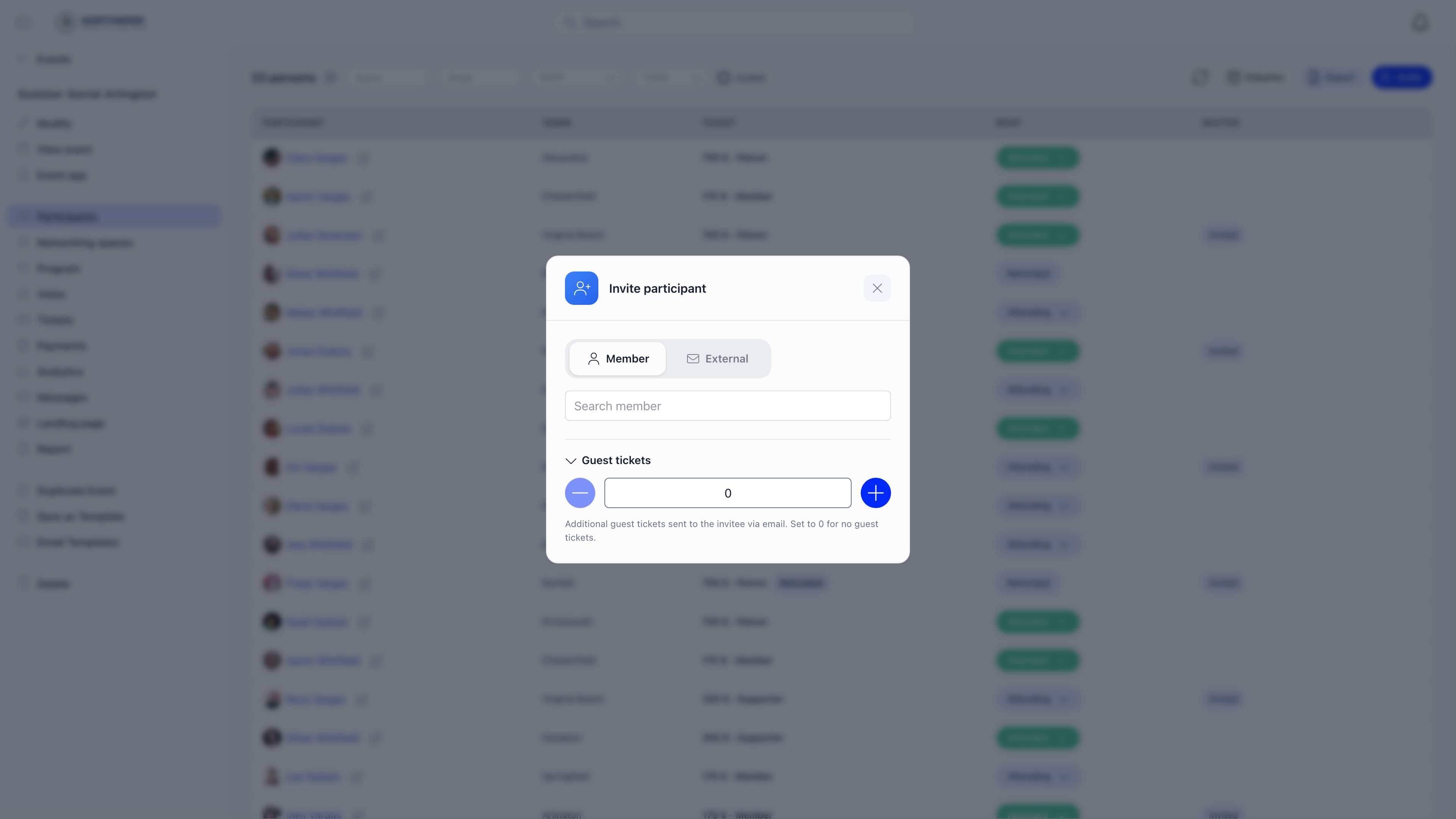 Invite participant dialog with Member and External tabs, a member search box, and the guest tickets number control