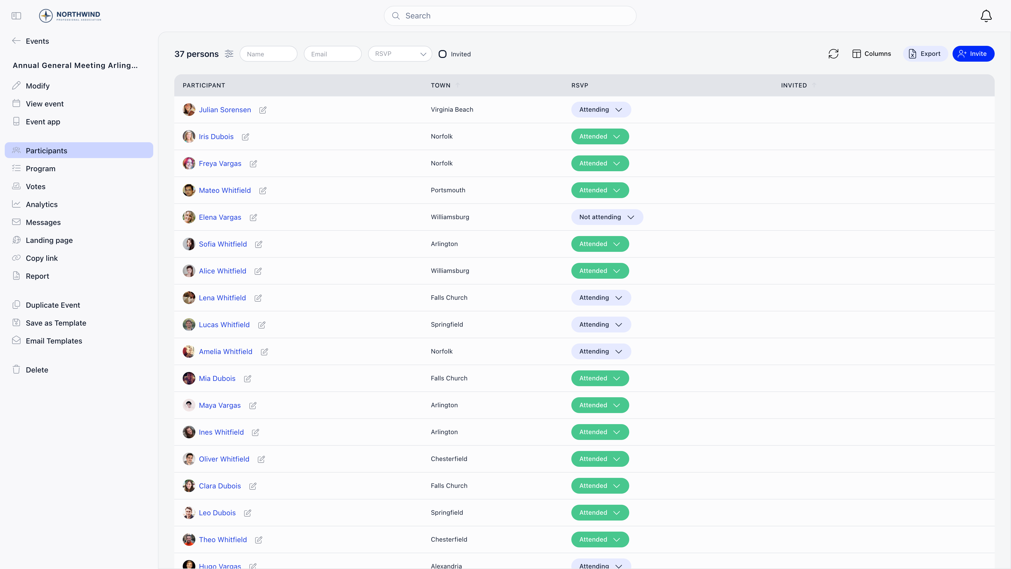 Participant list of an event without ticketing, showing only the RSVP column with Attending, Attended and Not attending values