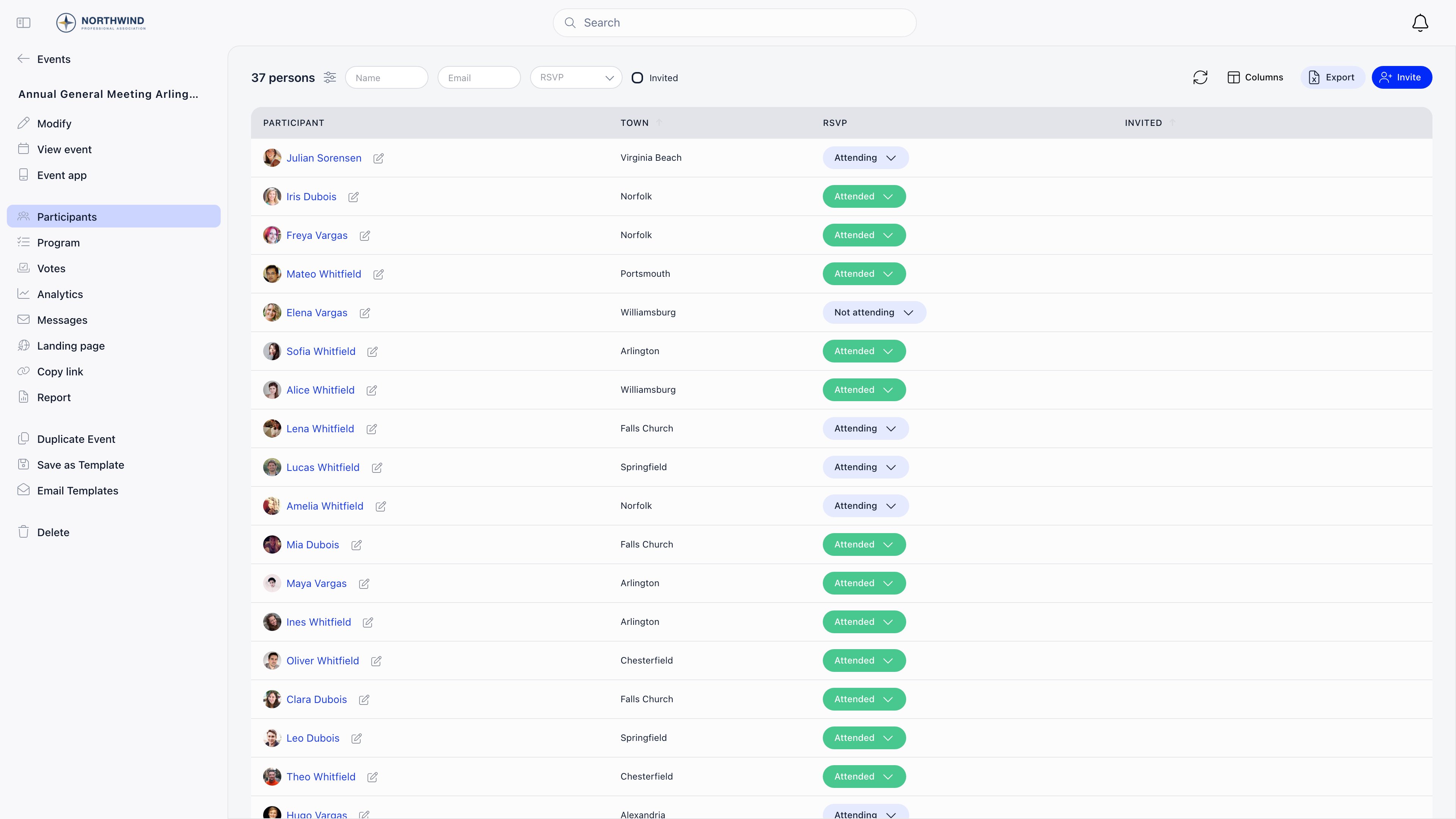 Participant list of an event without ticketing, showing only the RSVP column with Attending, Attended and Not attending values