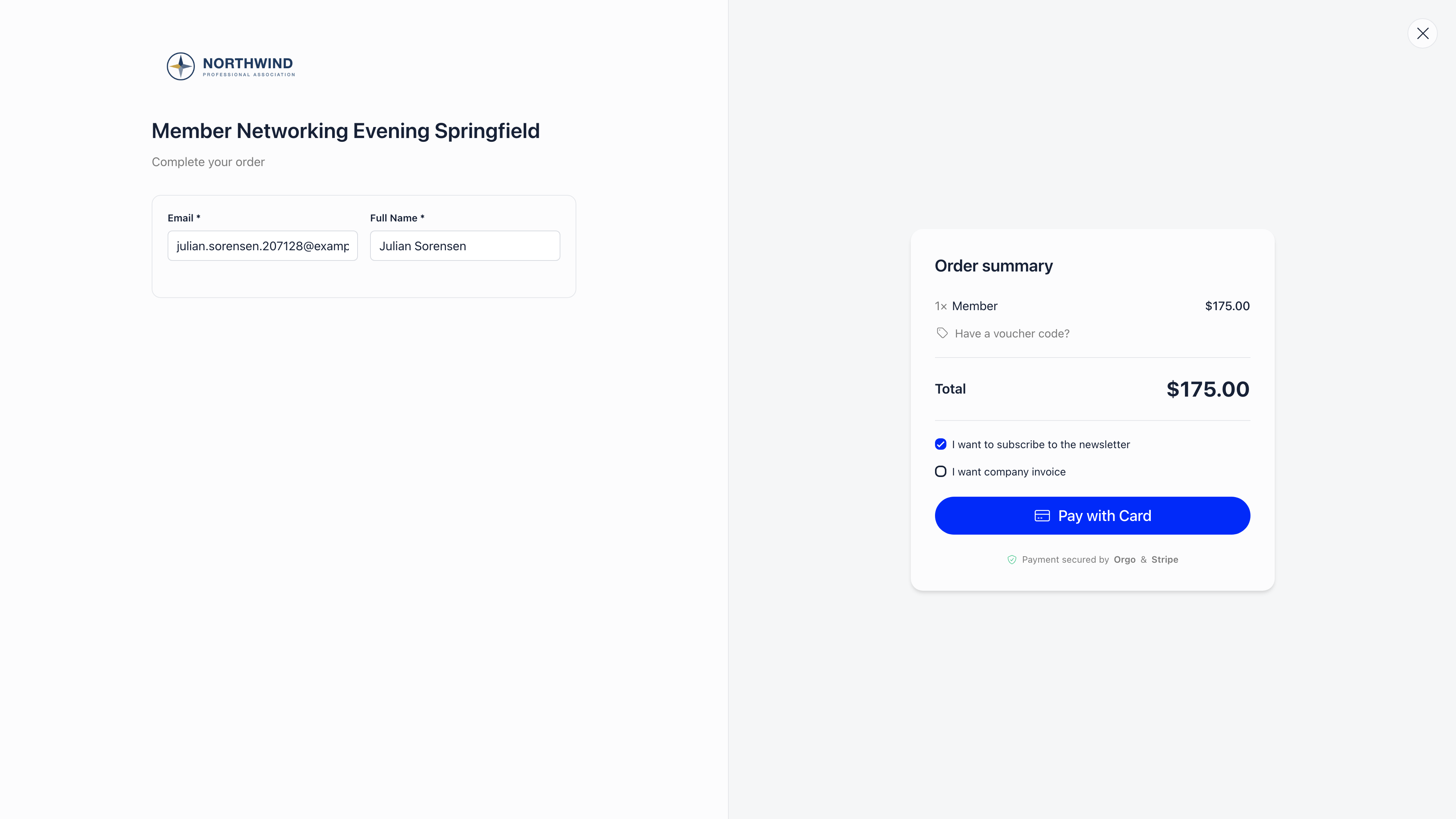 Event checkout with the registration form on the left (email, full name) and an order summary on the right showing the ticket, total, the newsletter and company invoice options, and Pay with Card