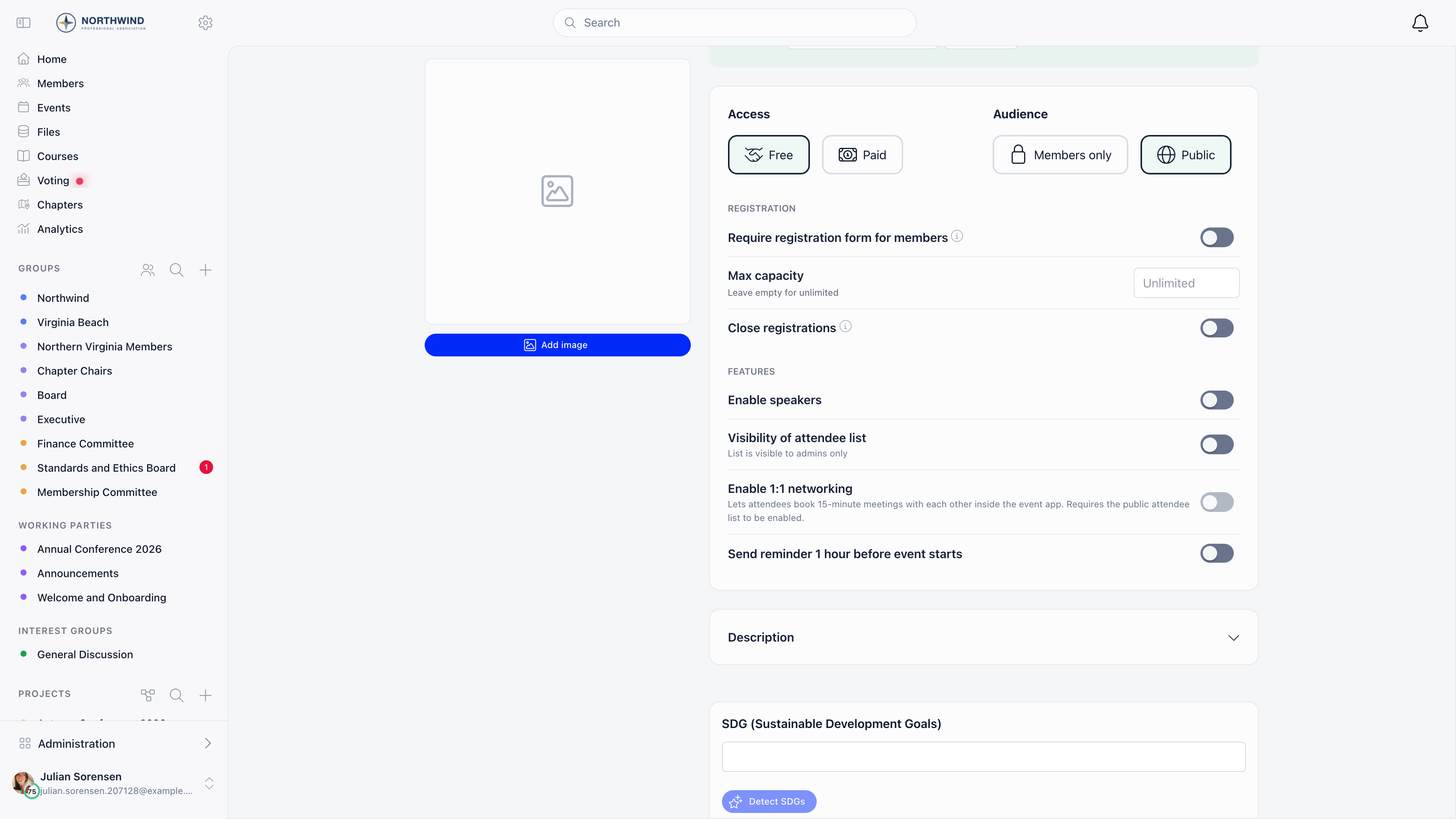Access and Audience option cards followed by the Registration and Features setting rows with toggles