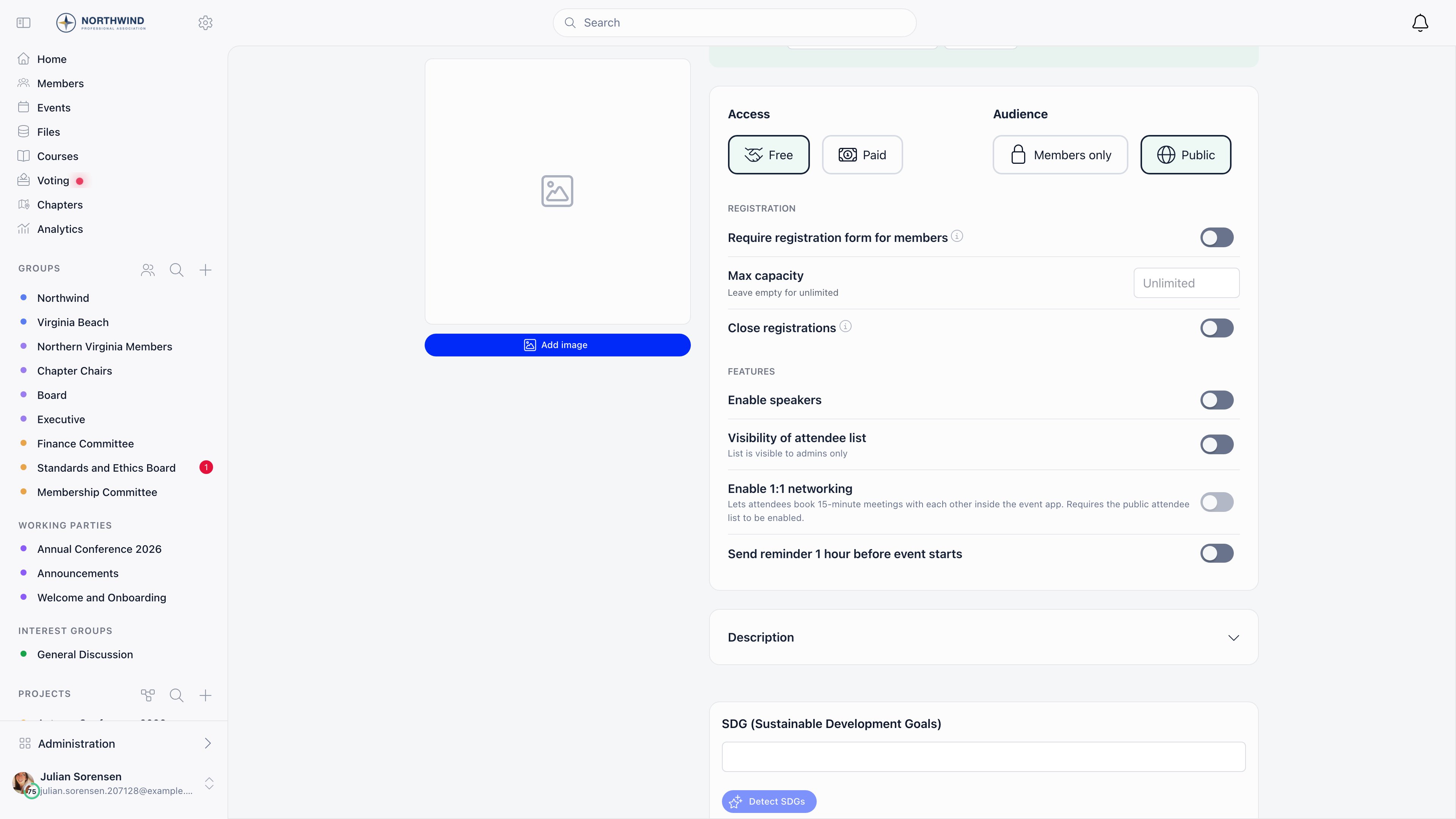Access and Audience option cards followed by the Registration and Features setting rows with toggles