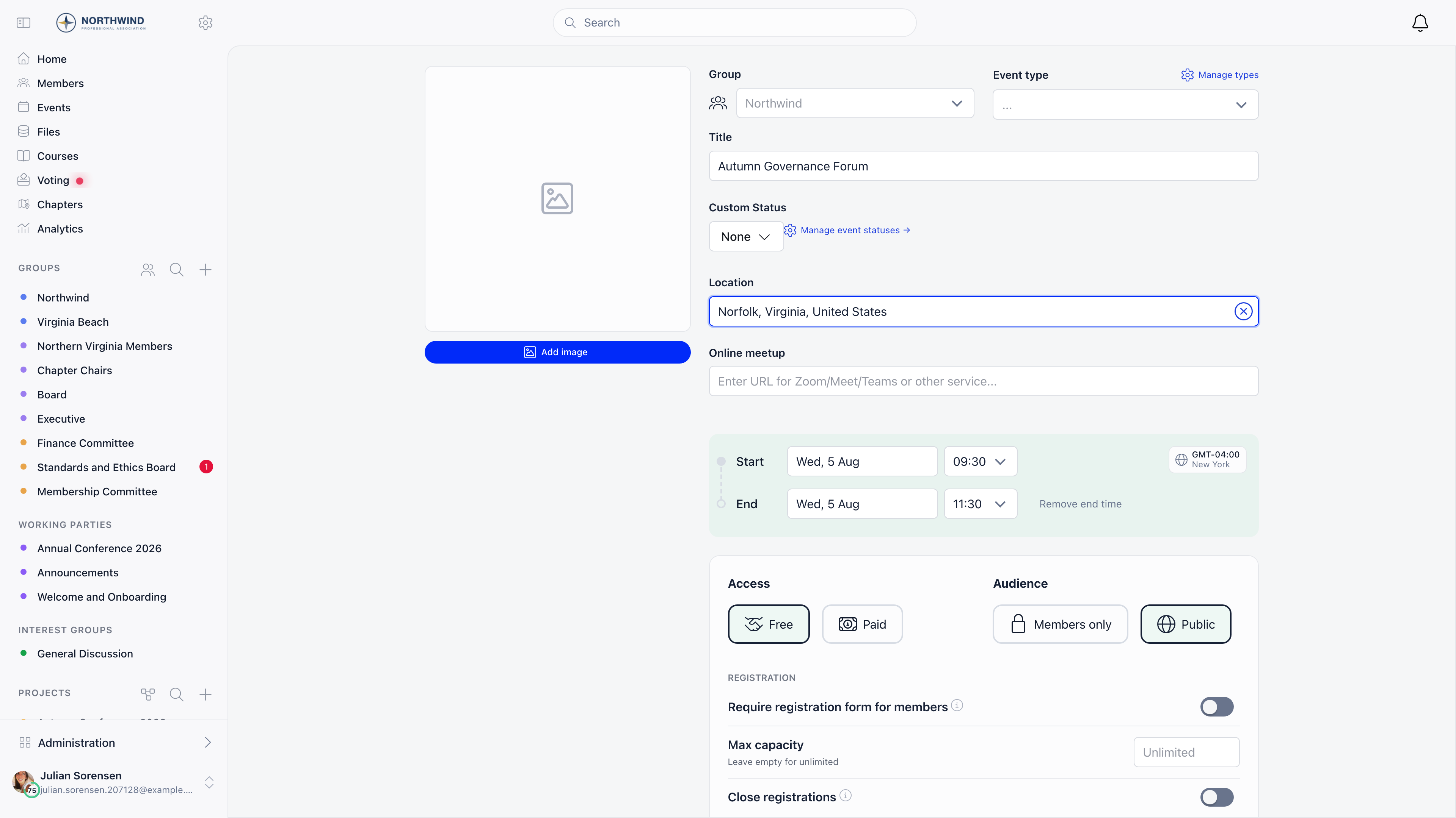 Create Event form with cover image on the left and group, event type, title, location, online meetup, start and end times with timezone on the right
