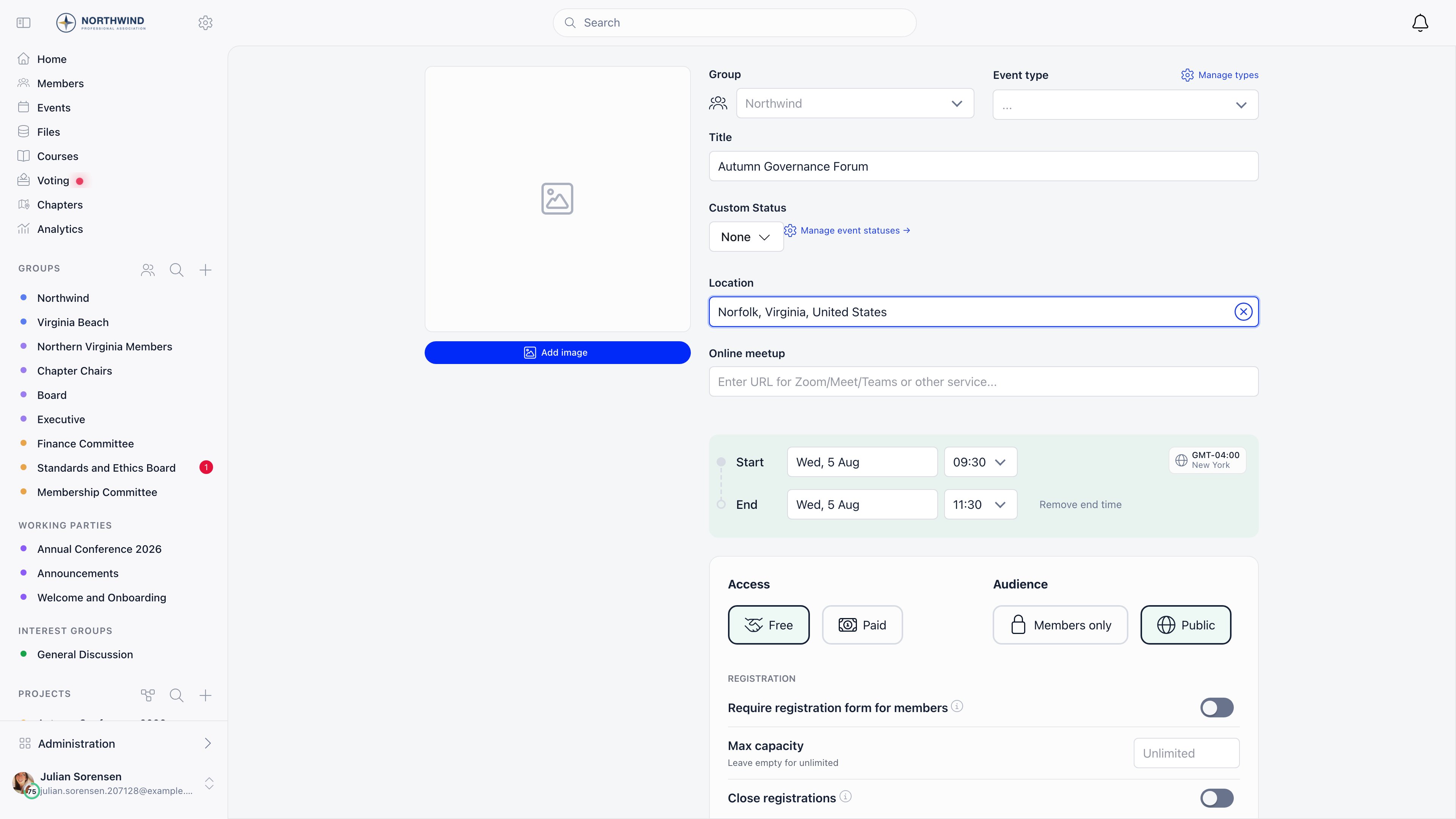 Create Event form with cover image on the left and group, event type, title, location, online meetup, start and end times with timezone on the right