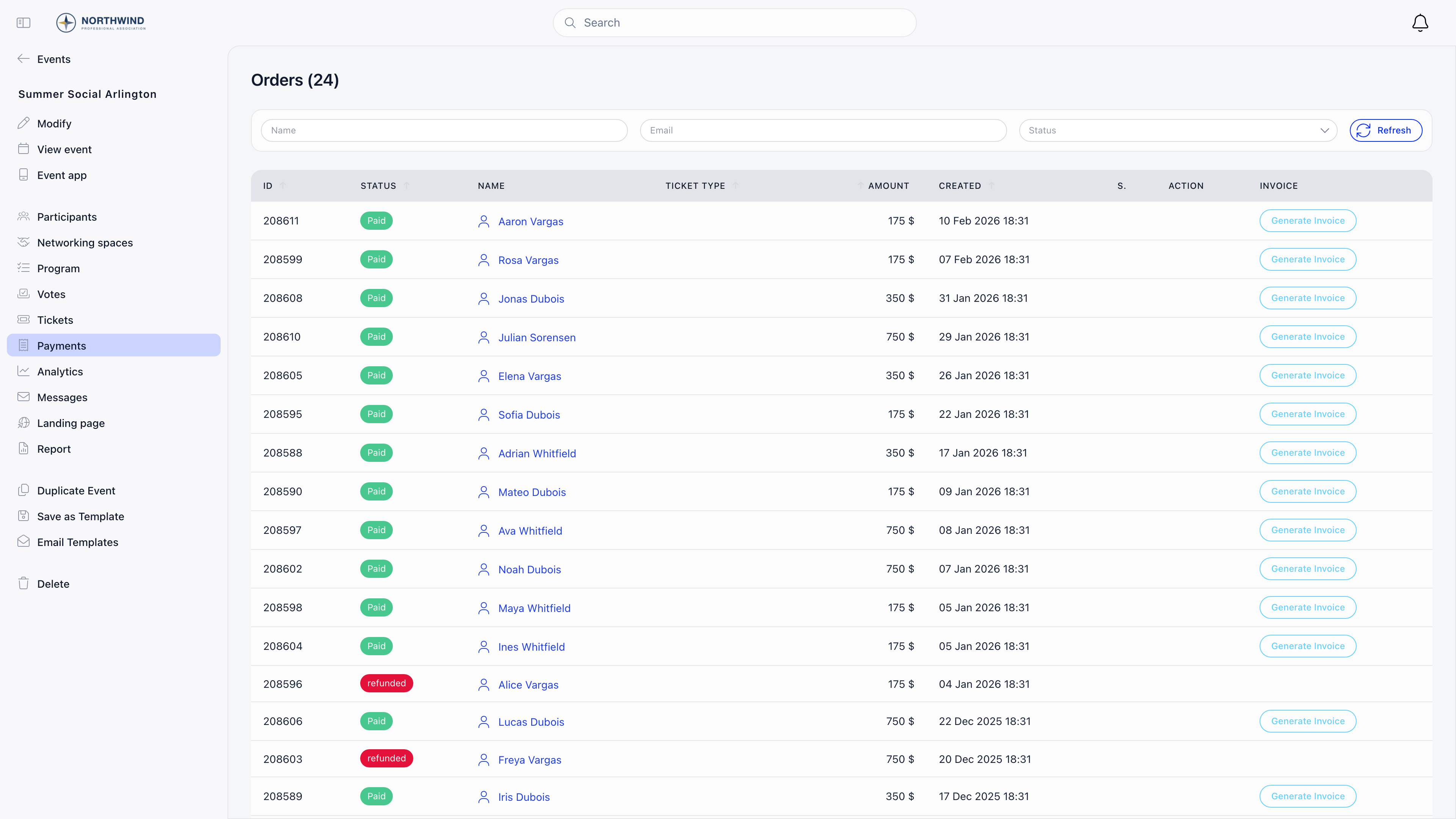 Event orders table with order id, status, buyer name, amount and created date columns, and a Generate Invoice action per paid order