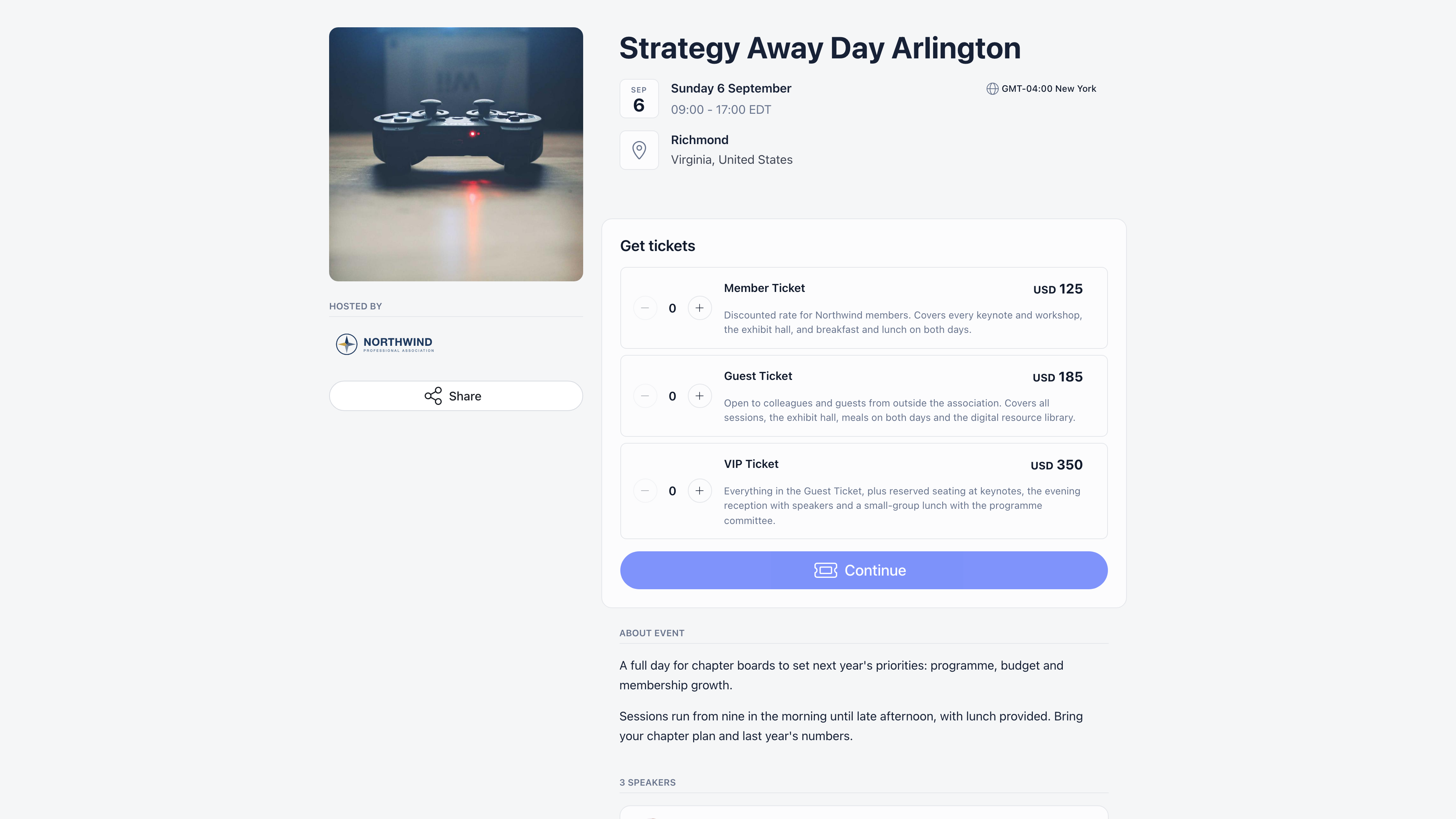Public event page with the cover image and Hosted by block on the left, and the event title, date, location and Get tickets card with ticket types on the right