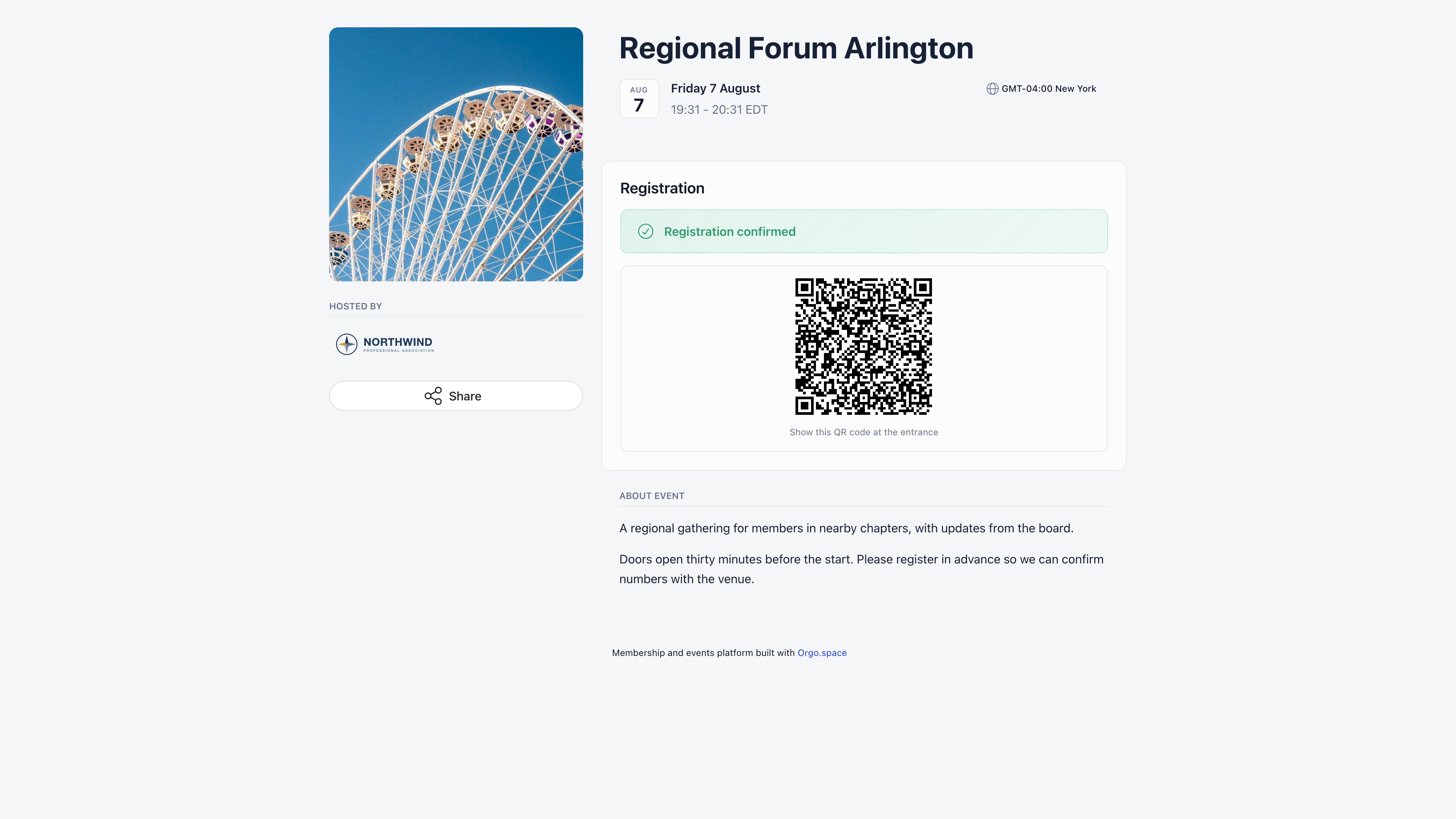 Public event page showing a confirmed registration with the Registration confirmed badge and the QR code to show at the entrance