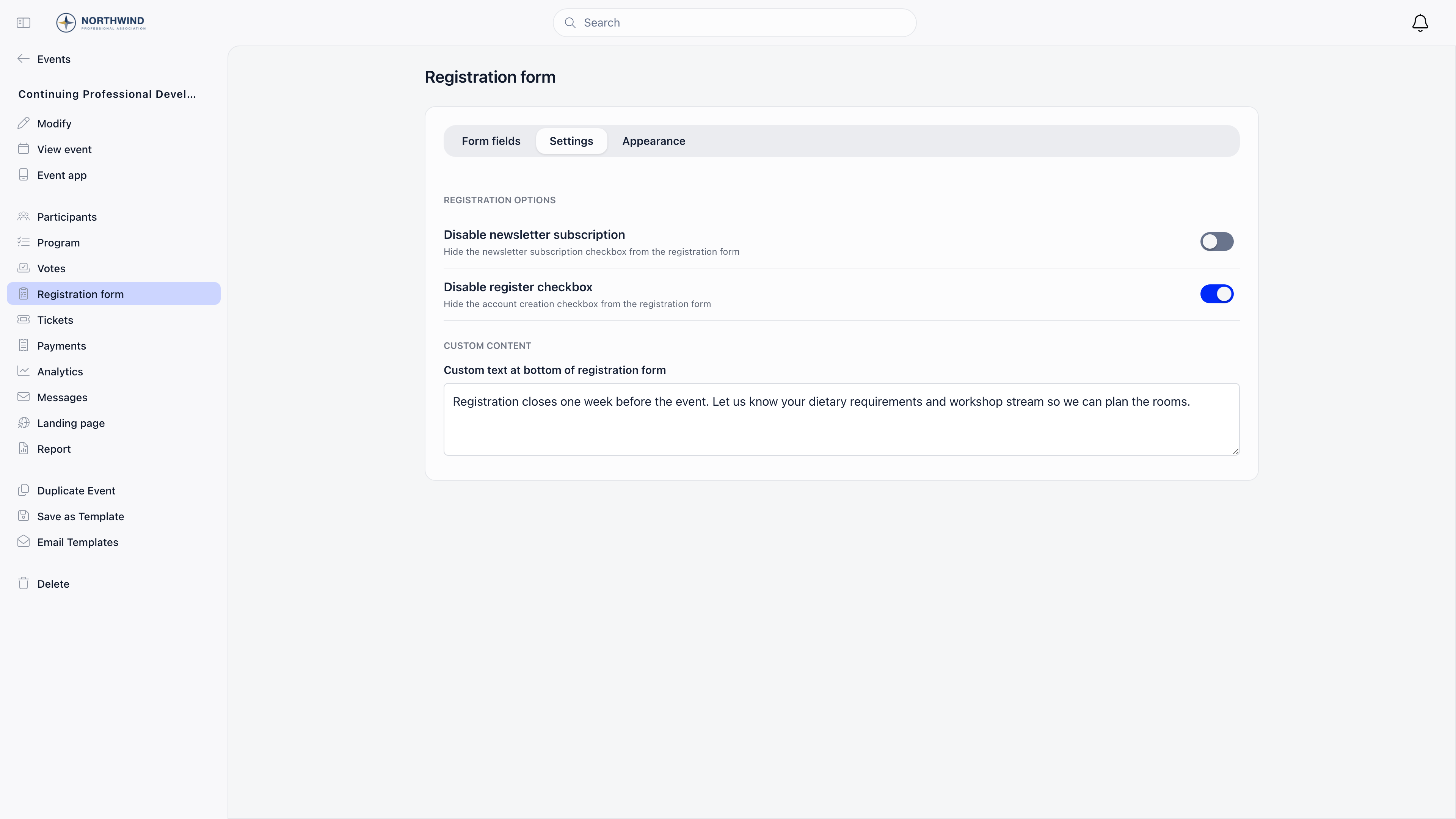 Settings tab of the event registration form showing the two registration option switches and the custom text box