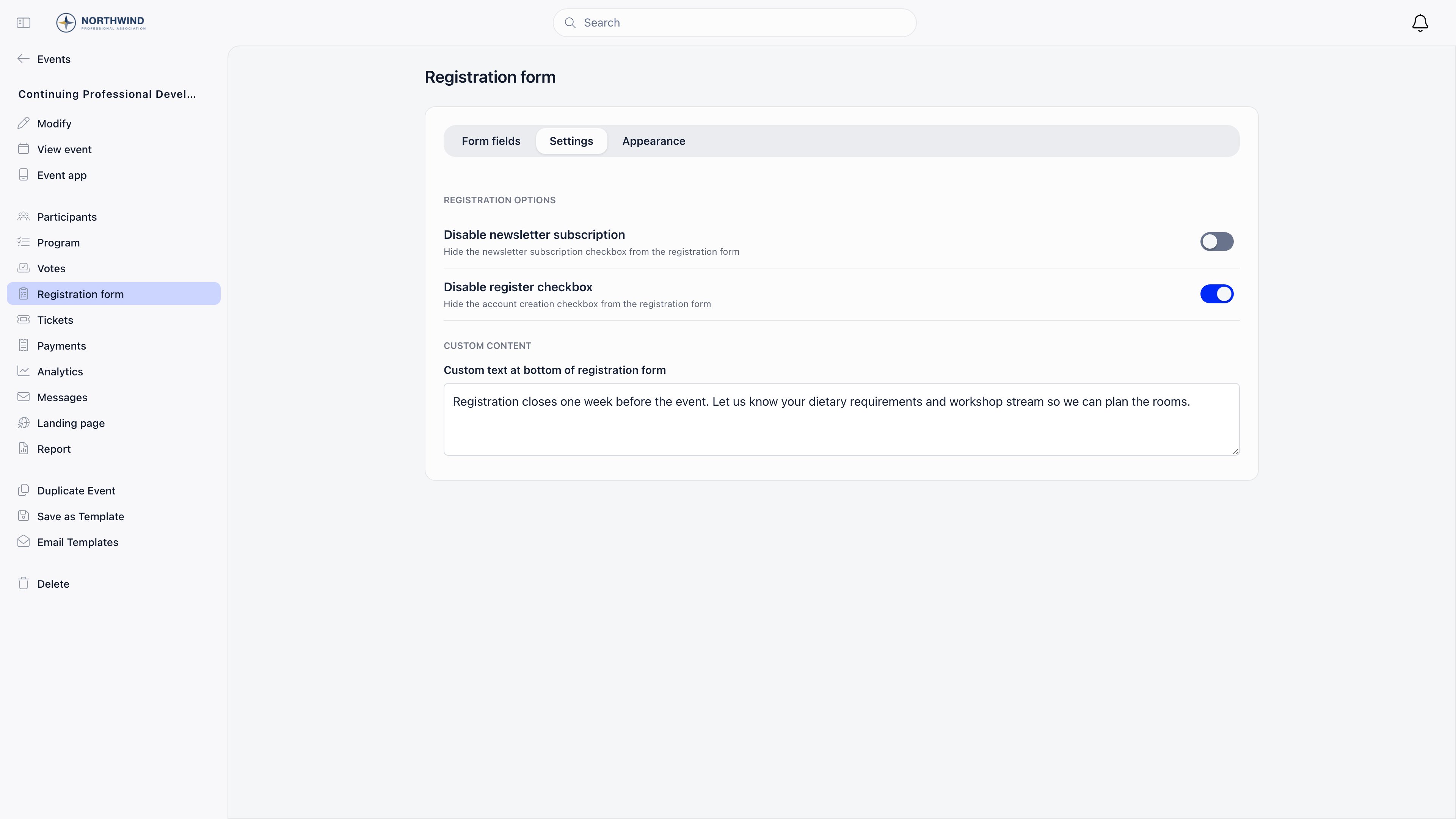 Settings tab of the event registration form showing the two registration option switches and the custom text box