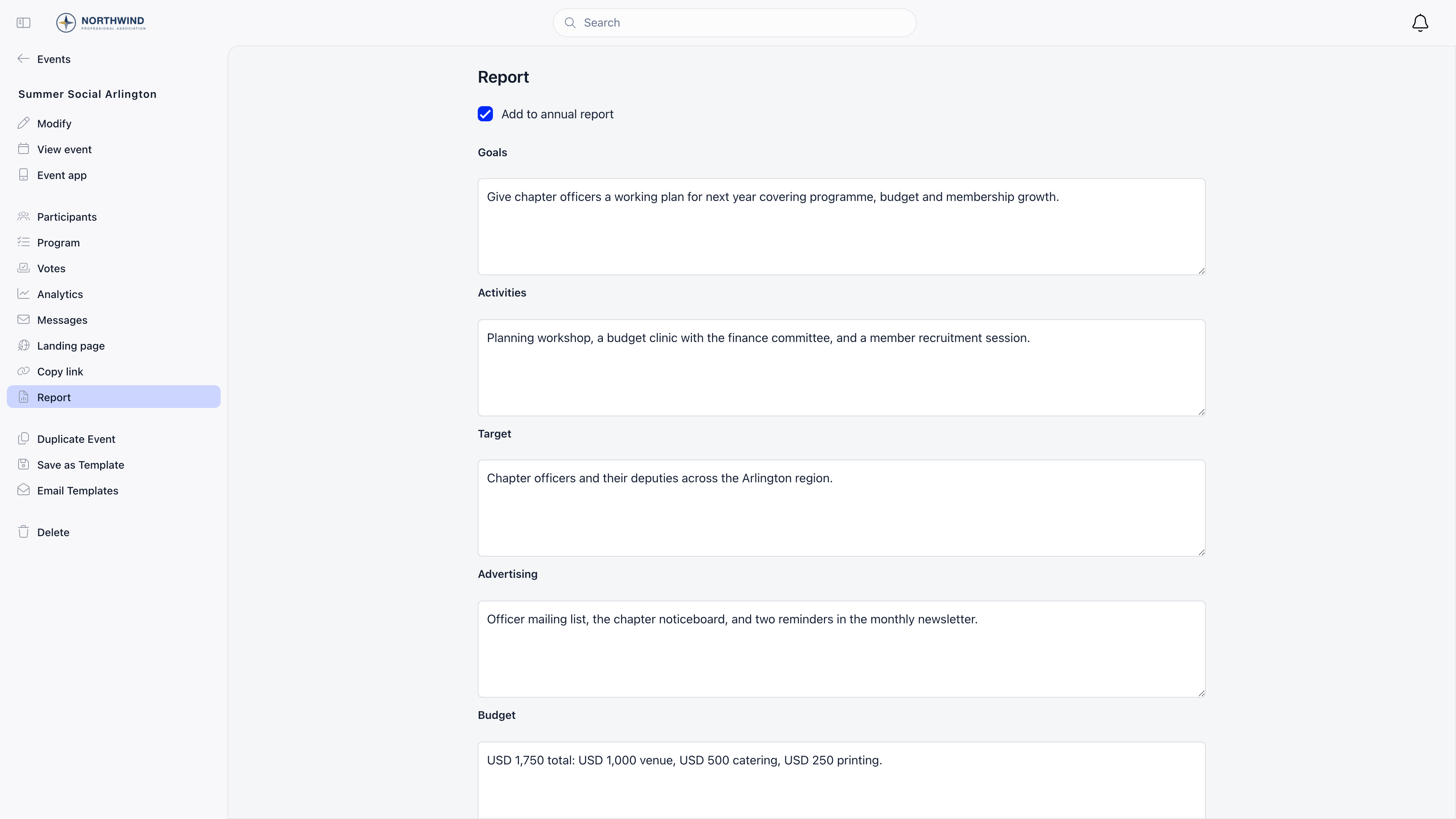 Event report form showing the Add to annual report checkbox and the Goals, Activities, Target, Advertising and Budget fields