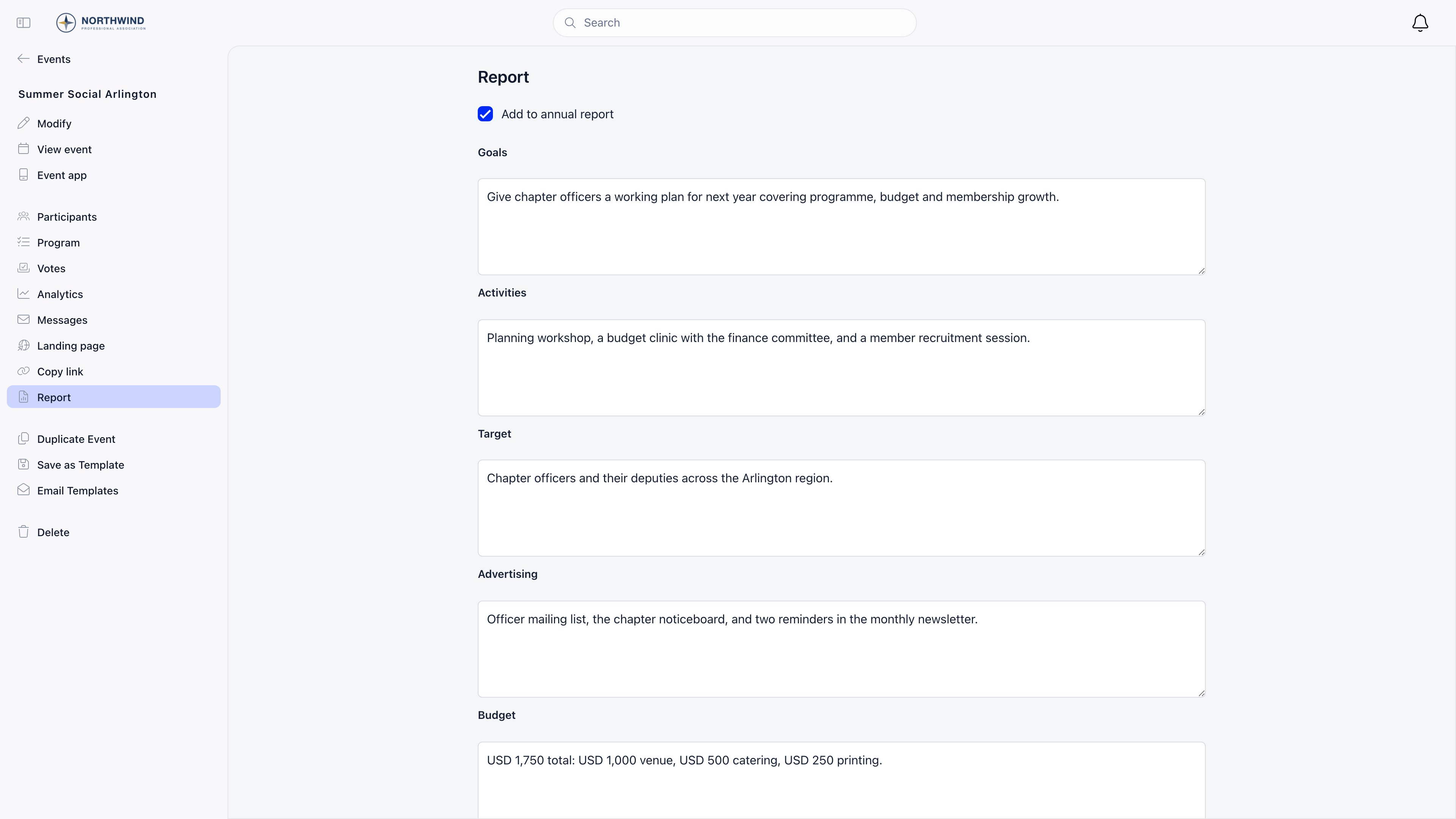 Event report form showing the Add to annual report checkbox and the Goals, Activities, Target, Advertising and Budget fields