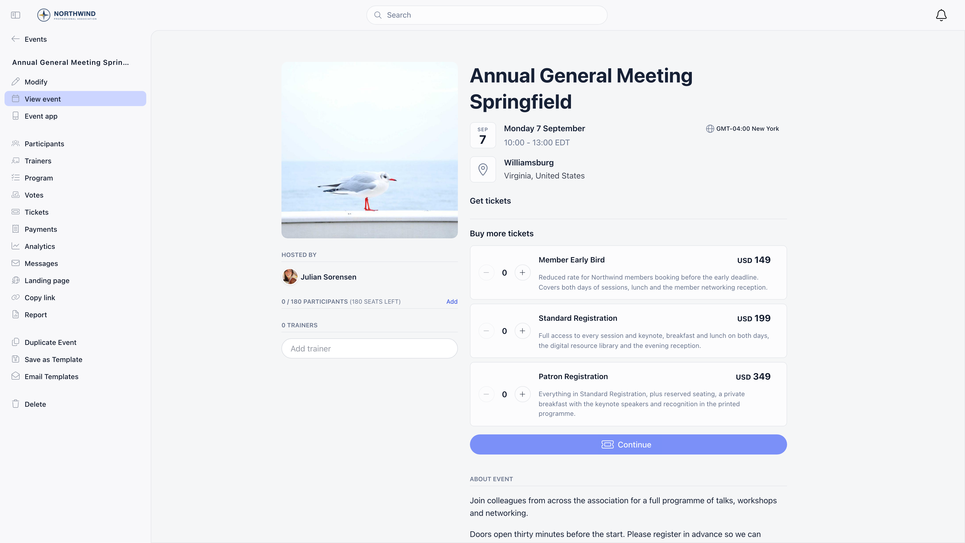 Event page with the event sidebar on the left and the event hero, date, location and Get tickets panel on the right