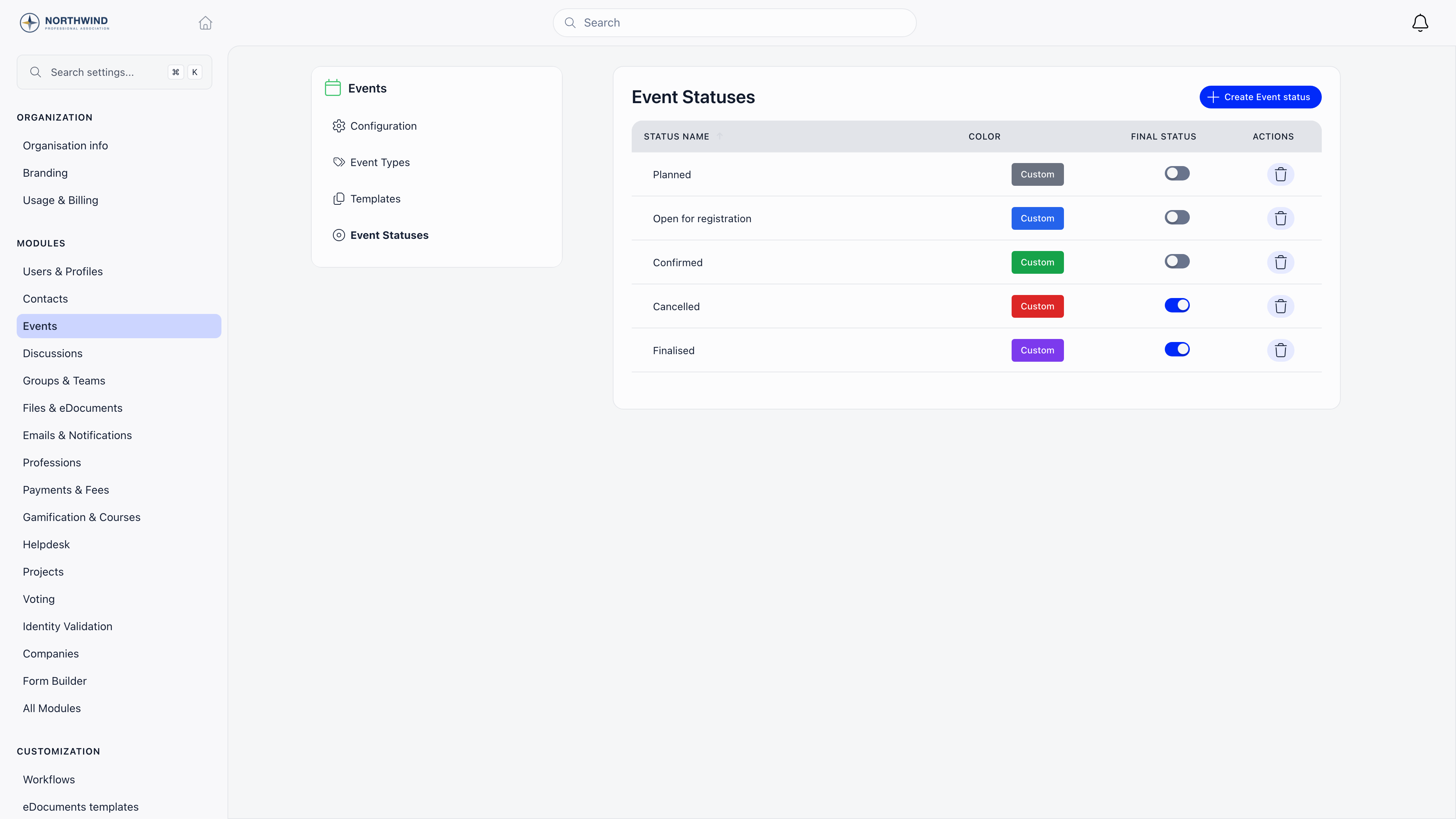 Event statuses settings listing named statuses with their colors and a final-status marker