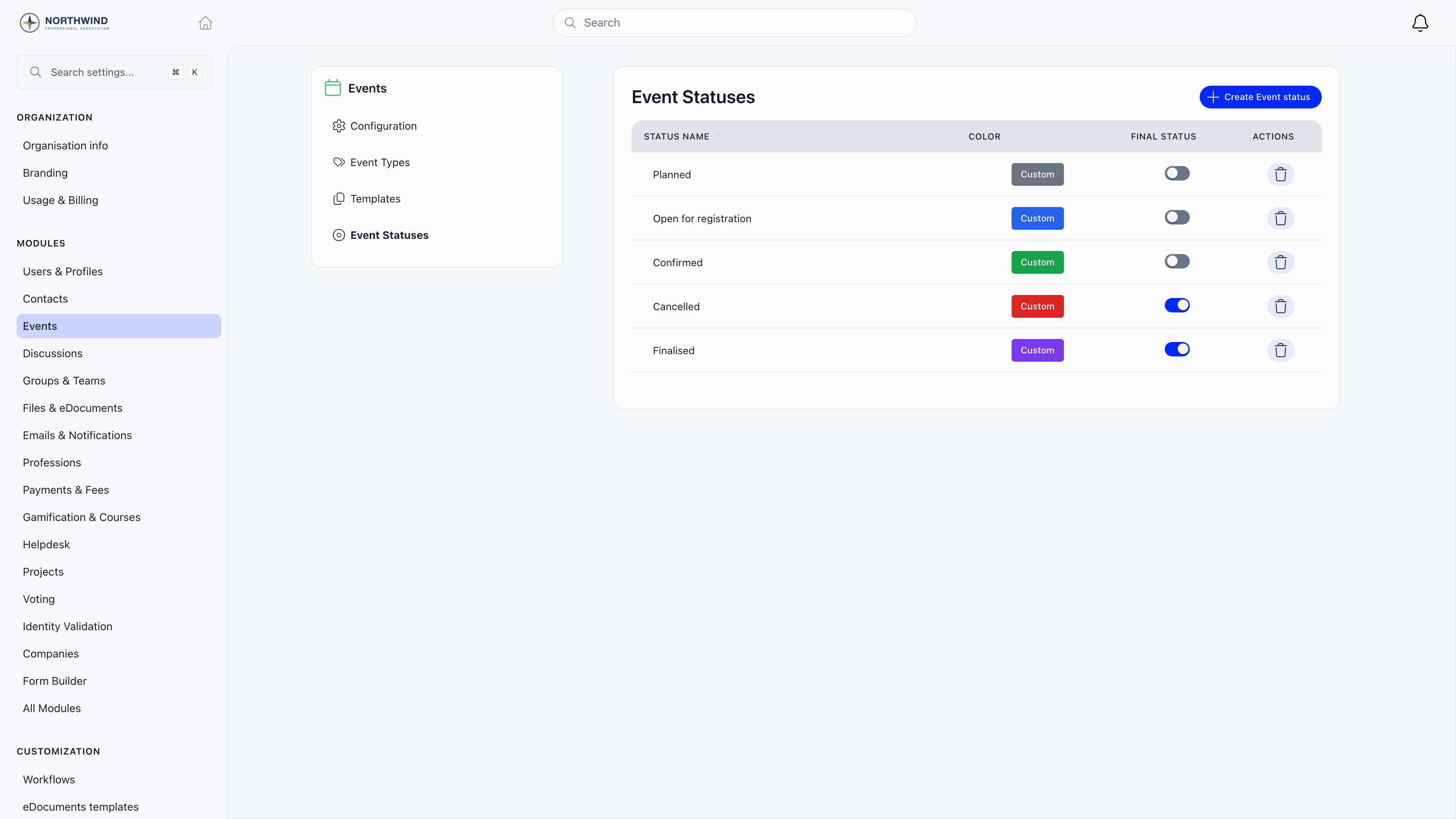 Event statuses settings listing named statuses with their colors and a final-status marker