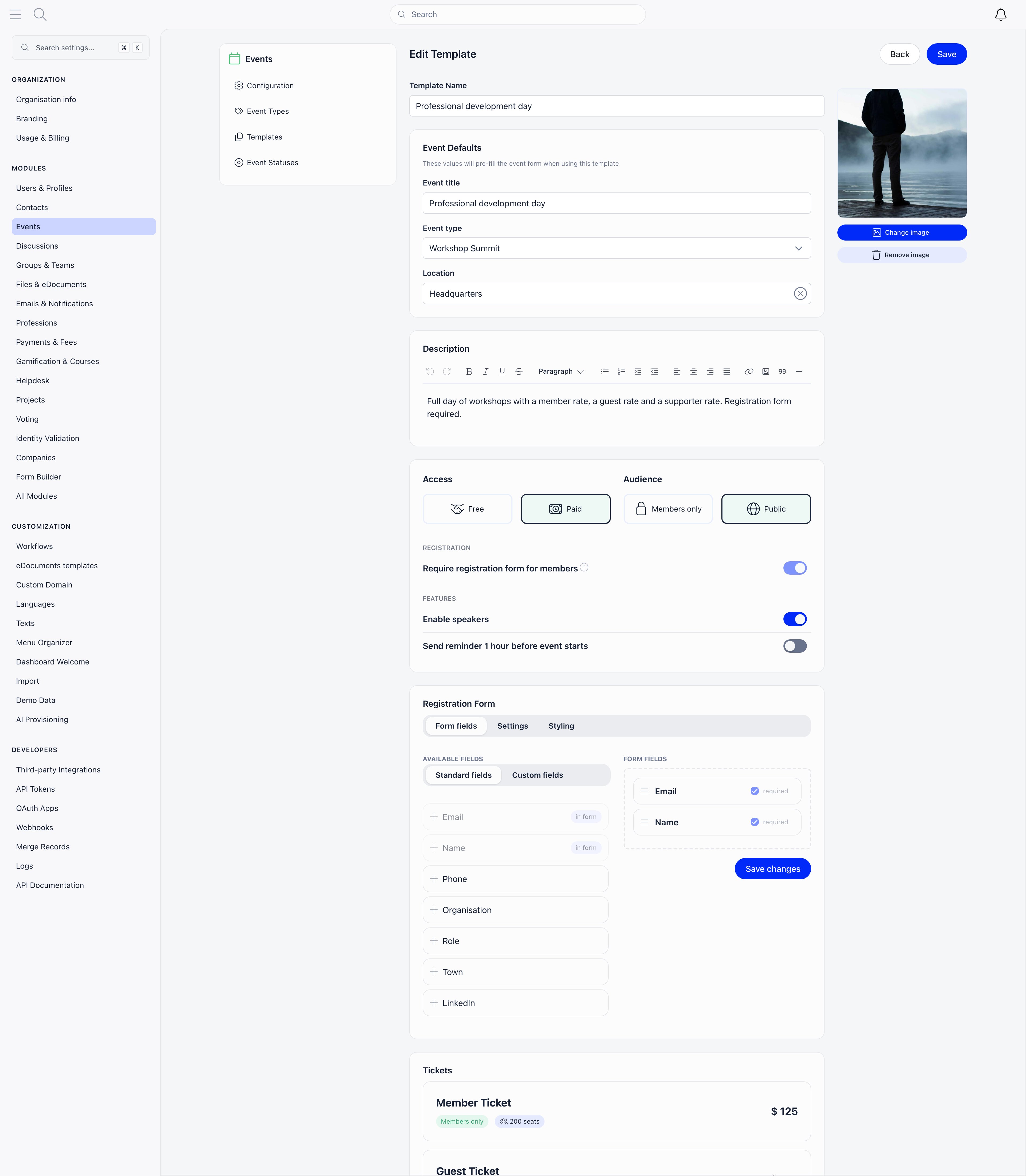 Event template editor showing Template Name, Event Defaults, Description, Access and Audience cards, and the registration form builder