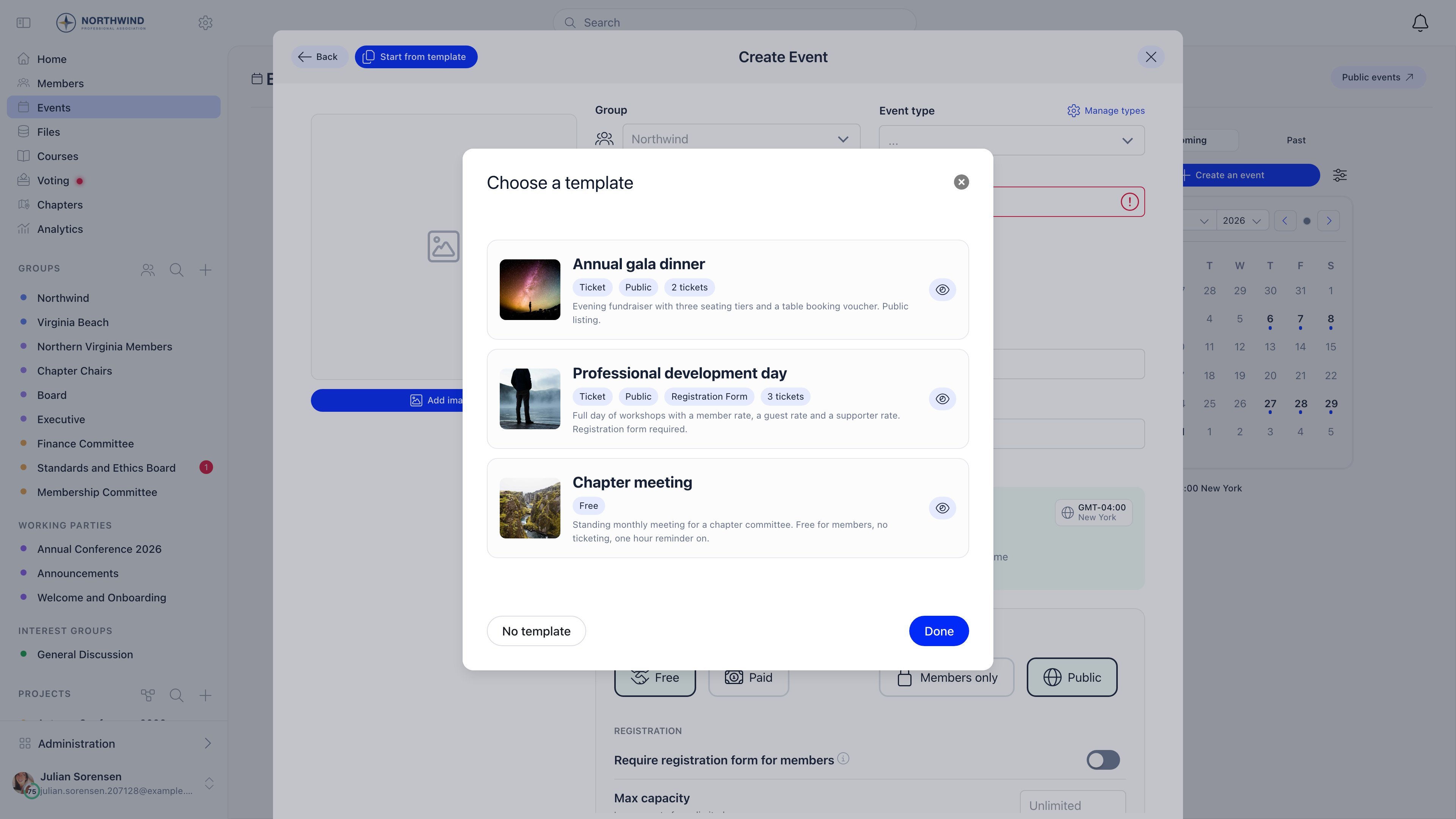 Template picker modal listing templates with badges and a preview button, plus No template and Done actions