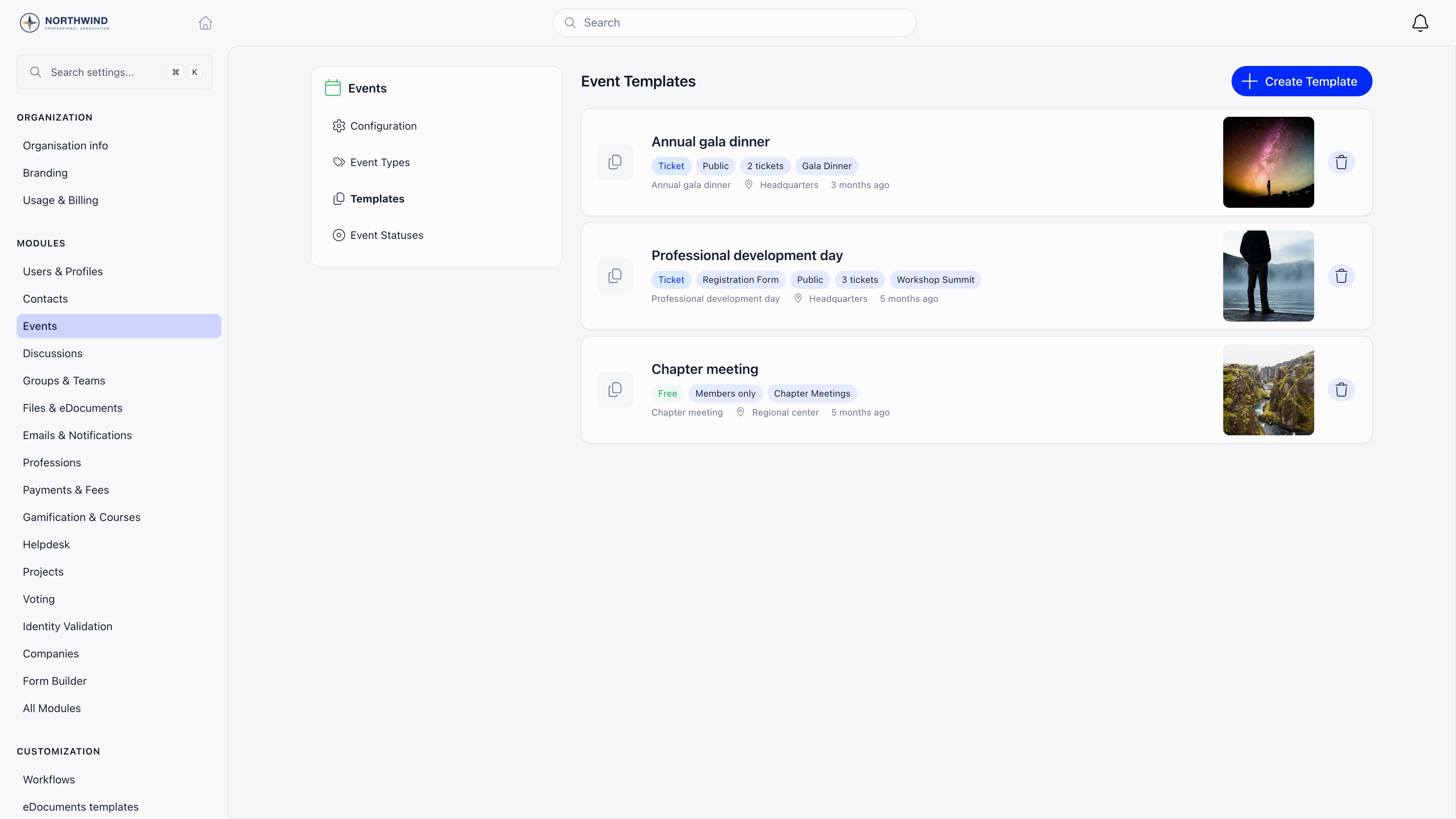 Event templates list showing template cards with Free or Ticket badges, audience badges, ticket counts, and cover thumbnails