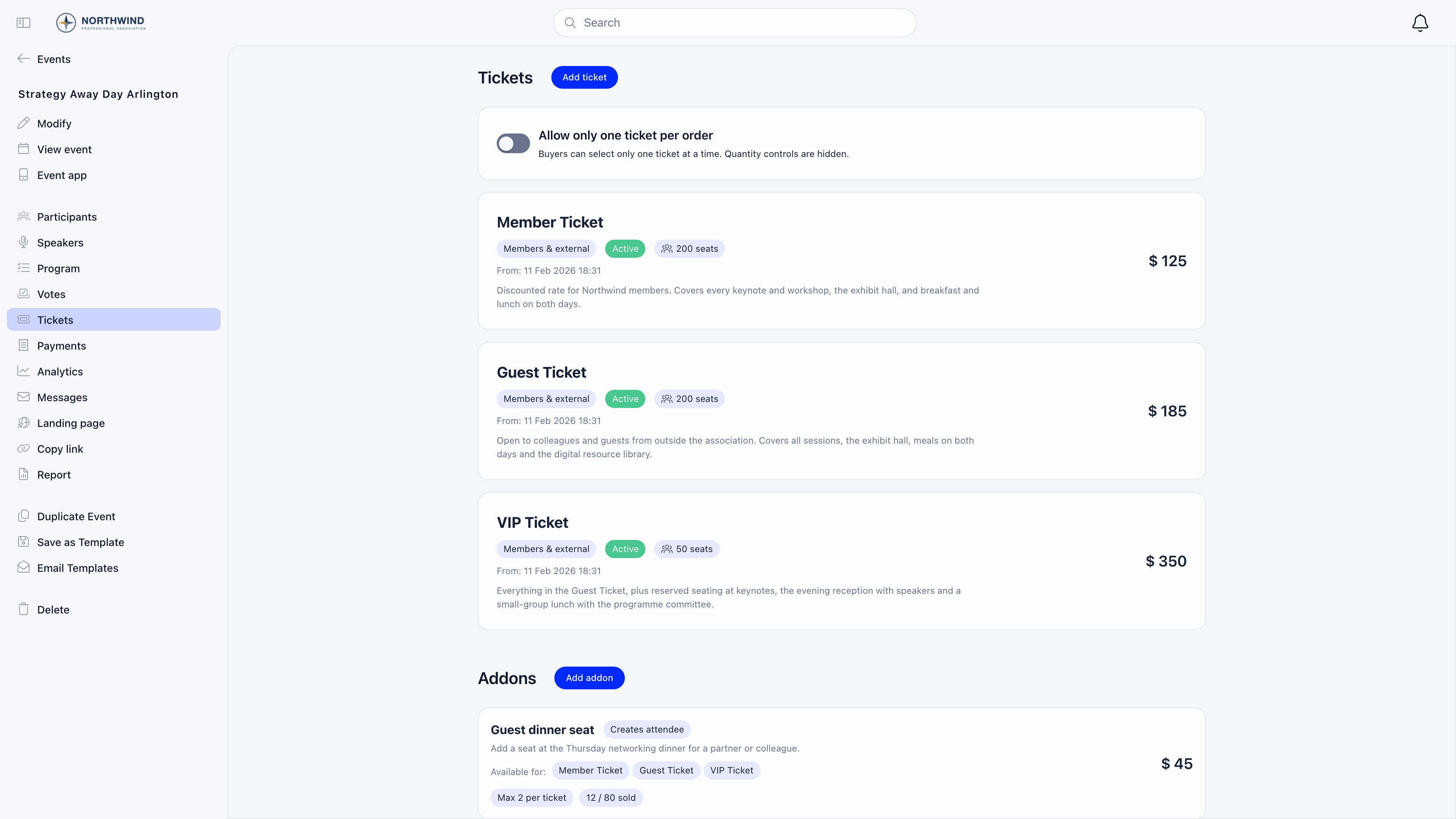 Tickets page for an event showing the Allow only one ticket per order switch, three ticket types with price, availability tags and seat counts, and the start of the Addons section