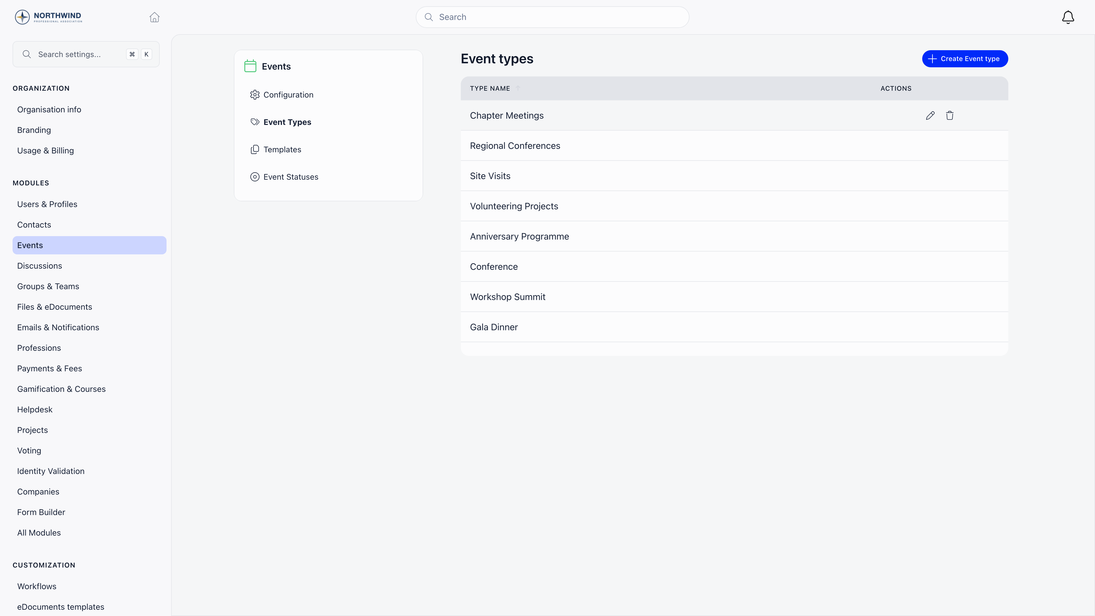 Event types settings page listing type names with inline editing and delete actions, and a Create Event type button