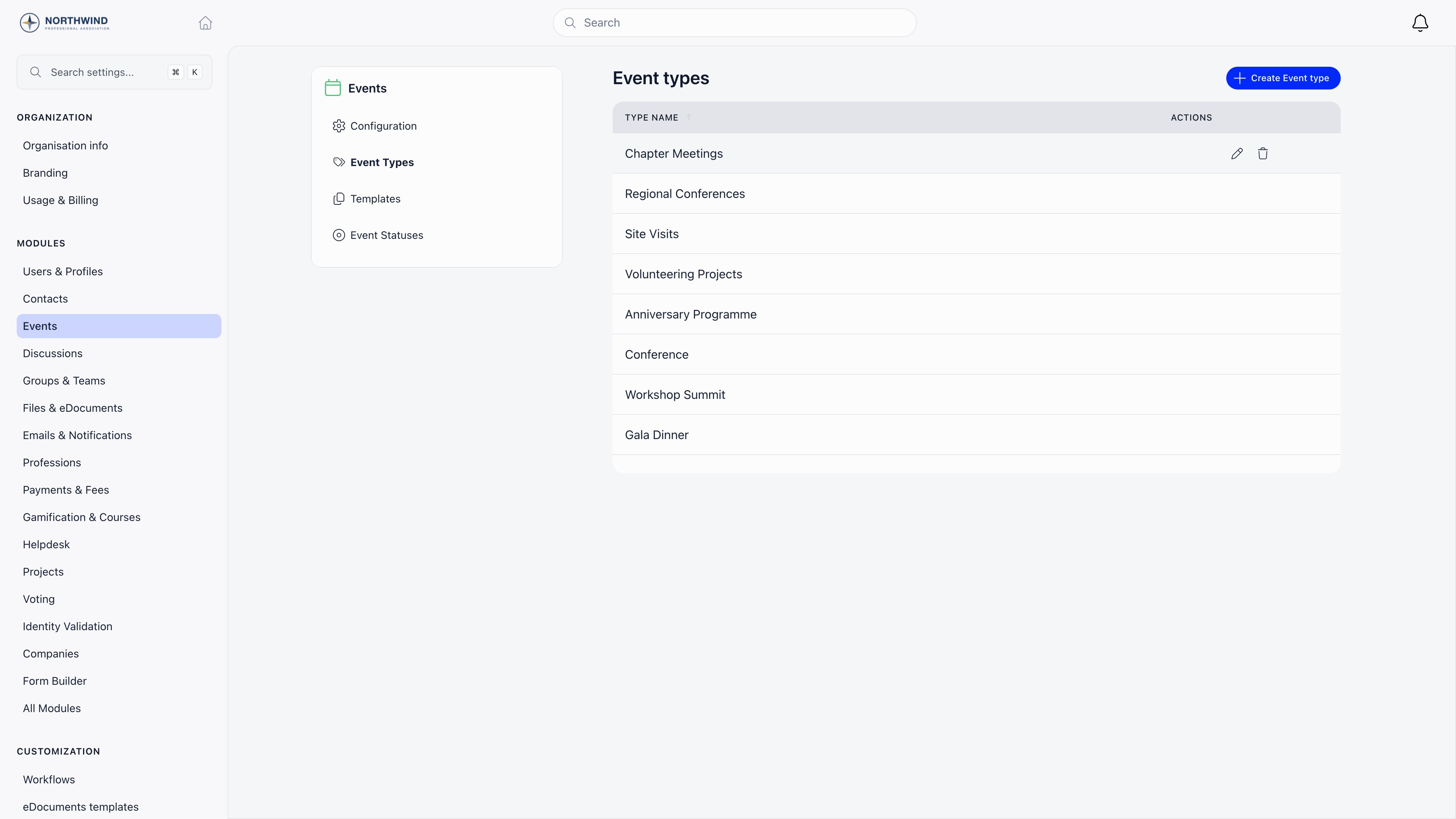 Event types settings page listing type names with inline editing and delete actions, and a Create Event type button