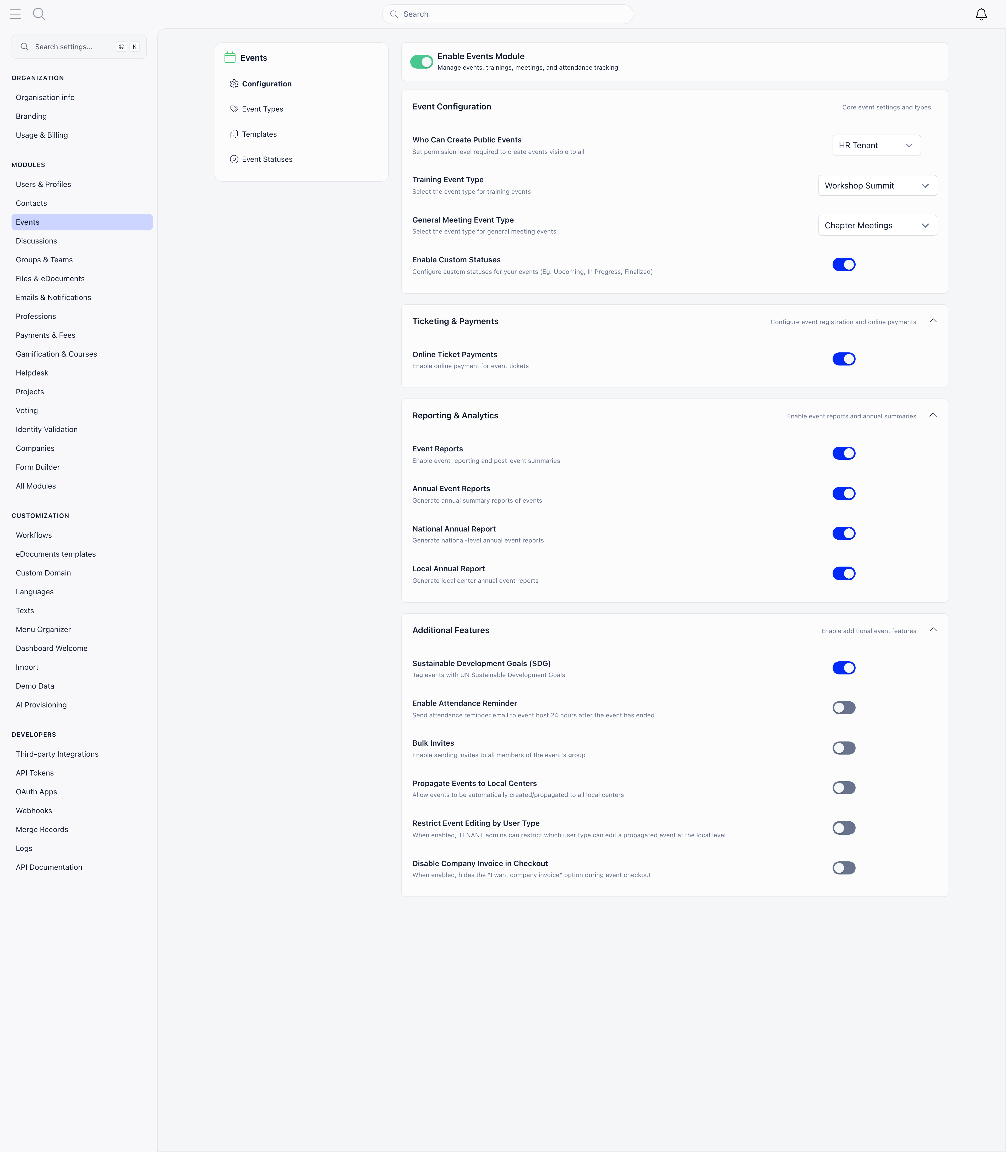 Events module settings showing Event Configuration, Ticketing and Payments, Reporting and Analytics, and Additional Features sections