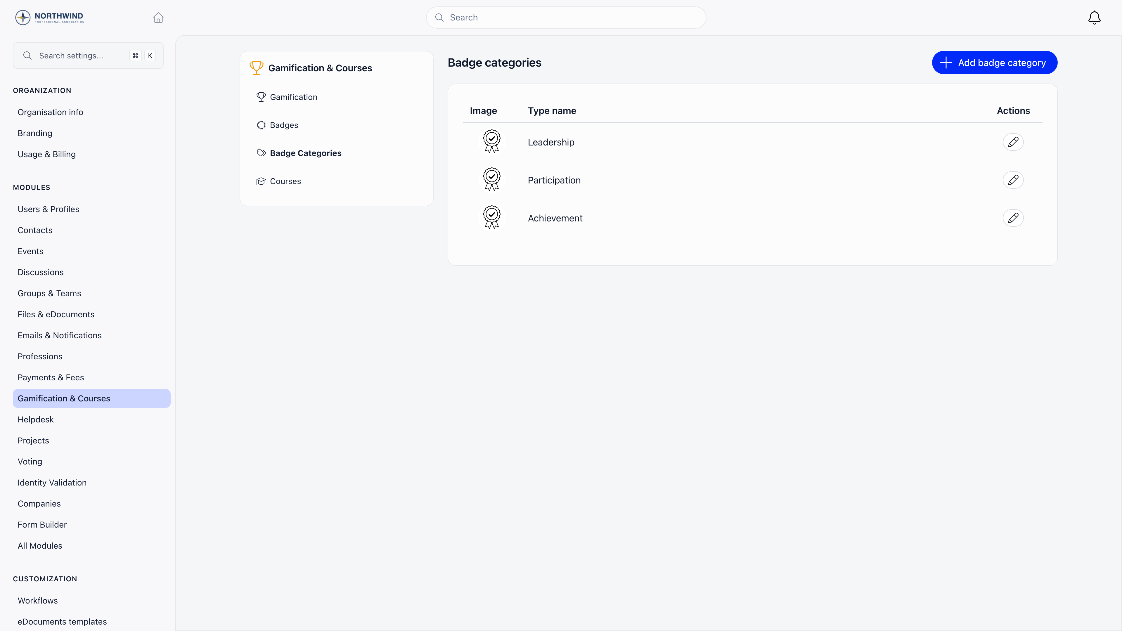 Badge Categories list showing the category images and names with an Add badge category button