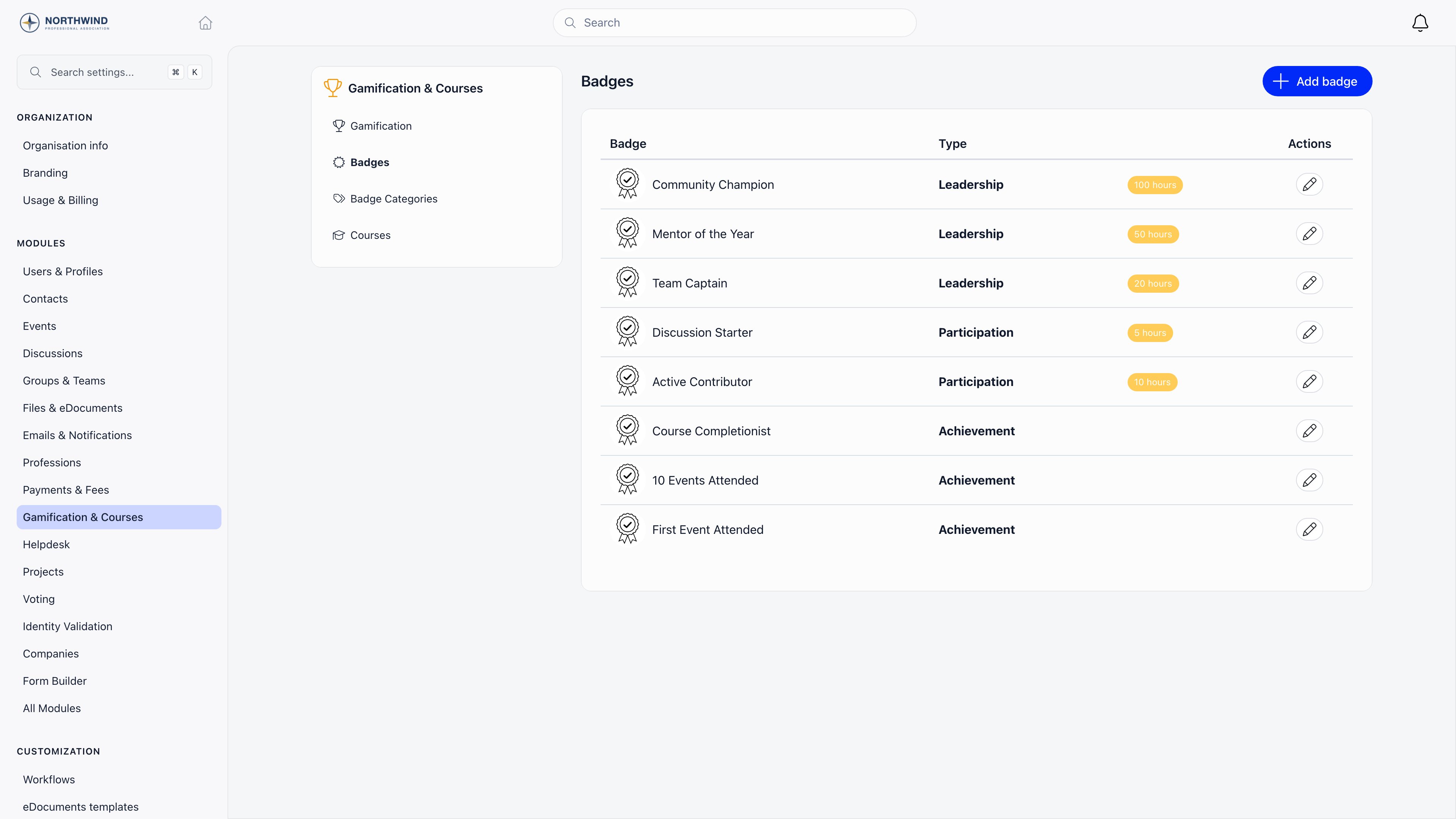 Badges settings list with one row per badge showing its image, its name, a Type column naming the badge category, and an amber hours pill on the badges that carry an hours threshold