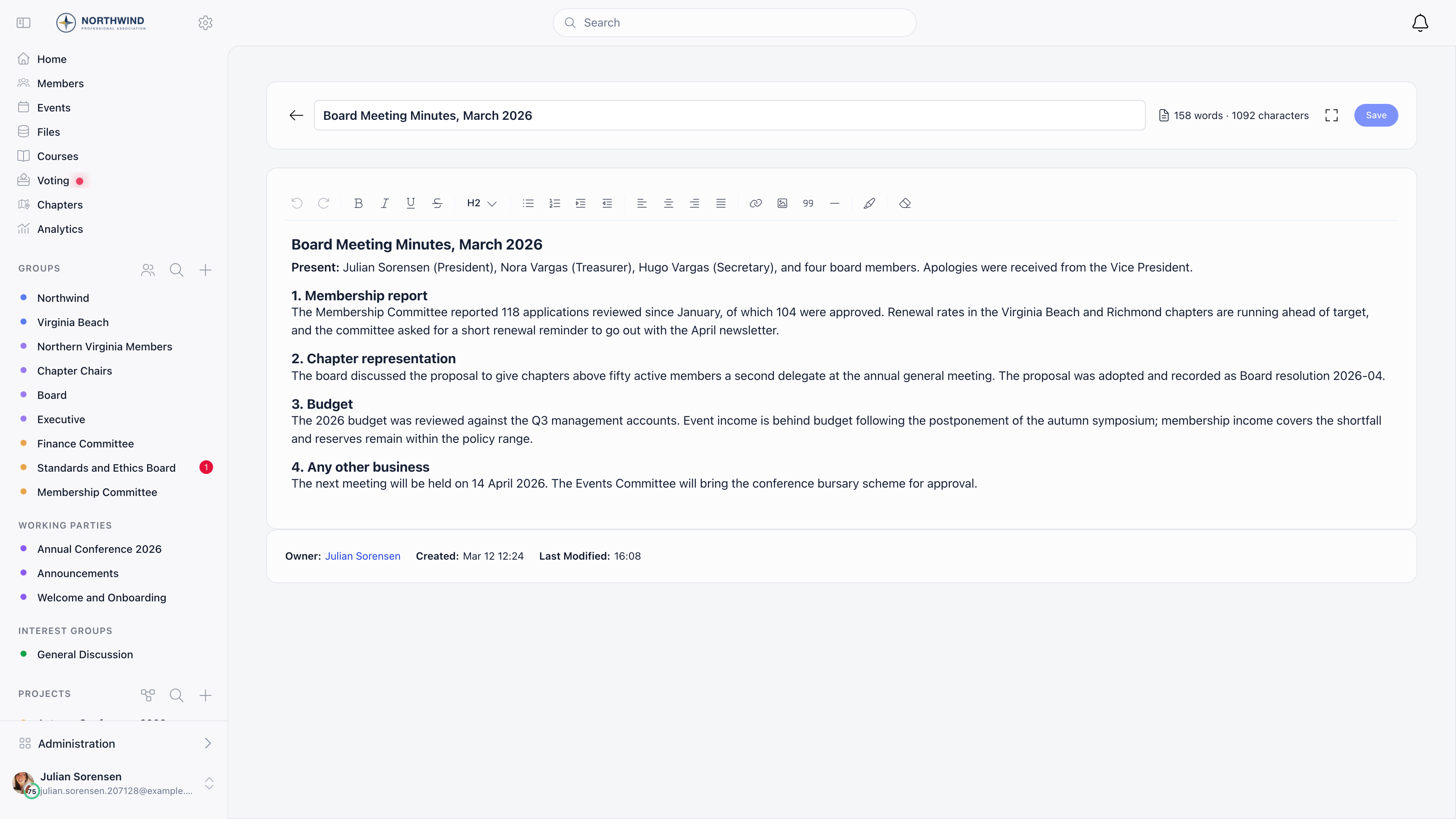 The in-app document editor with a rich text toolbar, the document title, a heading and paragraphs, and the word and character count in the header