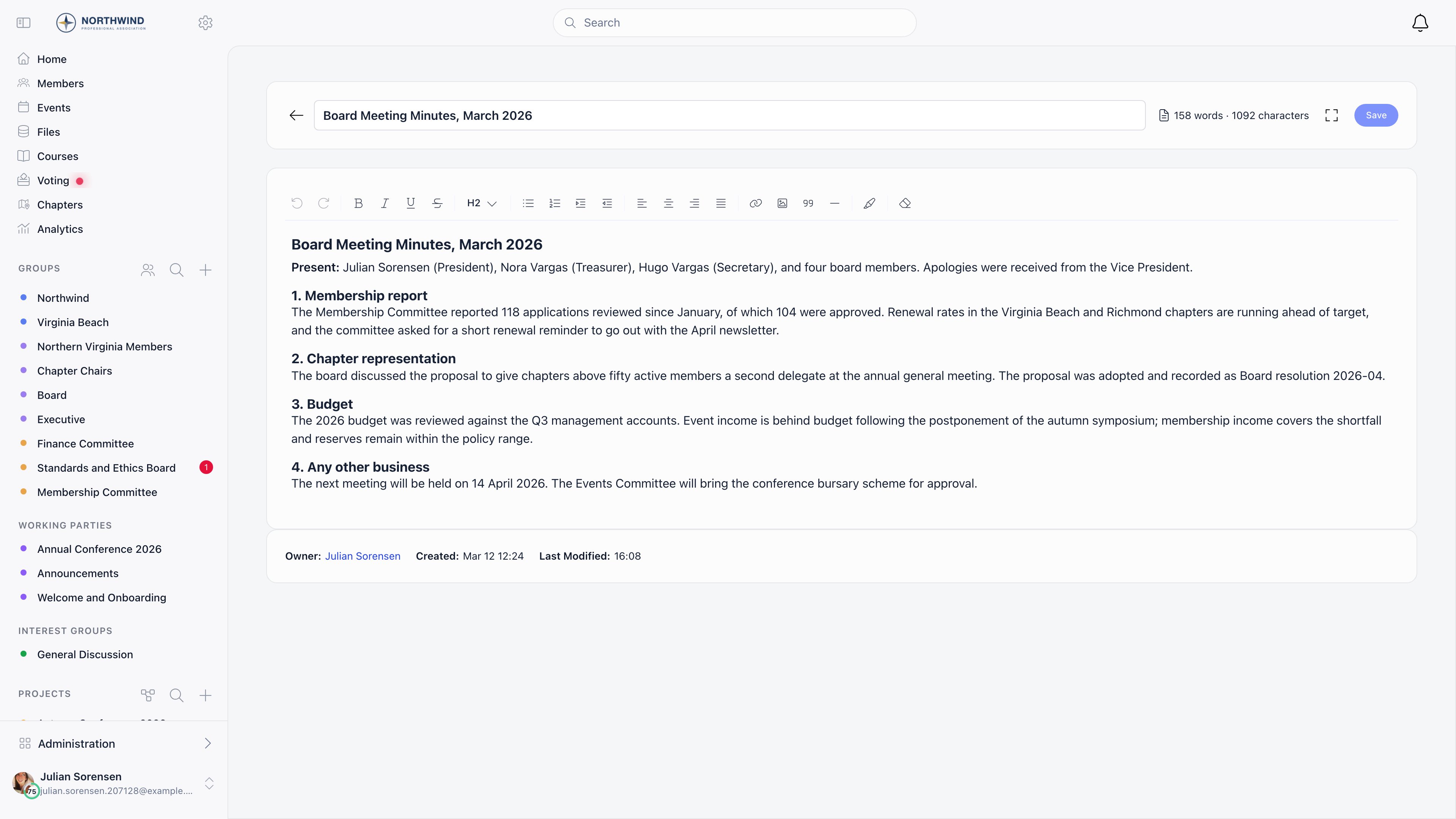 The in-app document editor with a rich text toolbar, the document title, a heading and paragraphs, and the word and character count in the header
