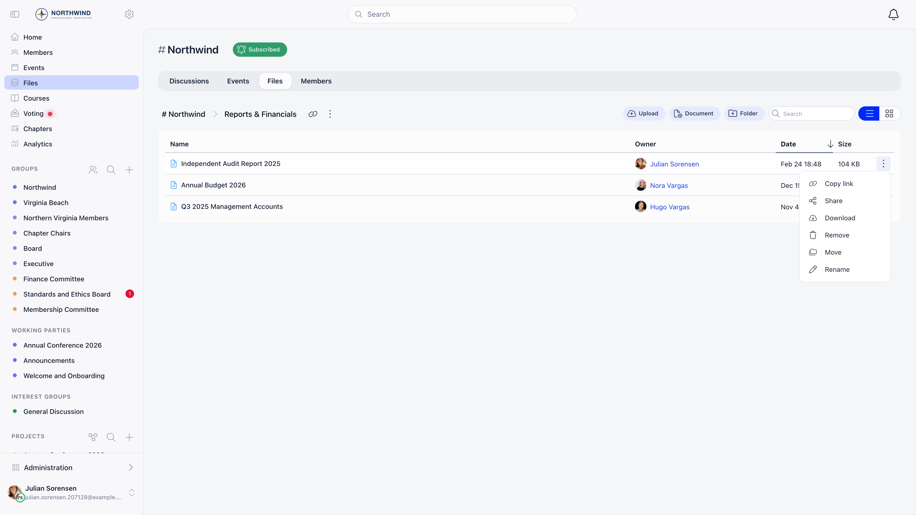 A drive folder listing with file rows showing name, owner, date and size, and an open row menu with Copy link, Share, Download, Remove, Move and Rename